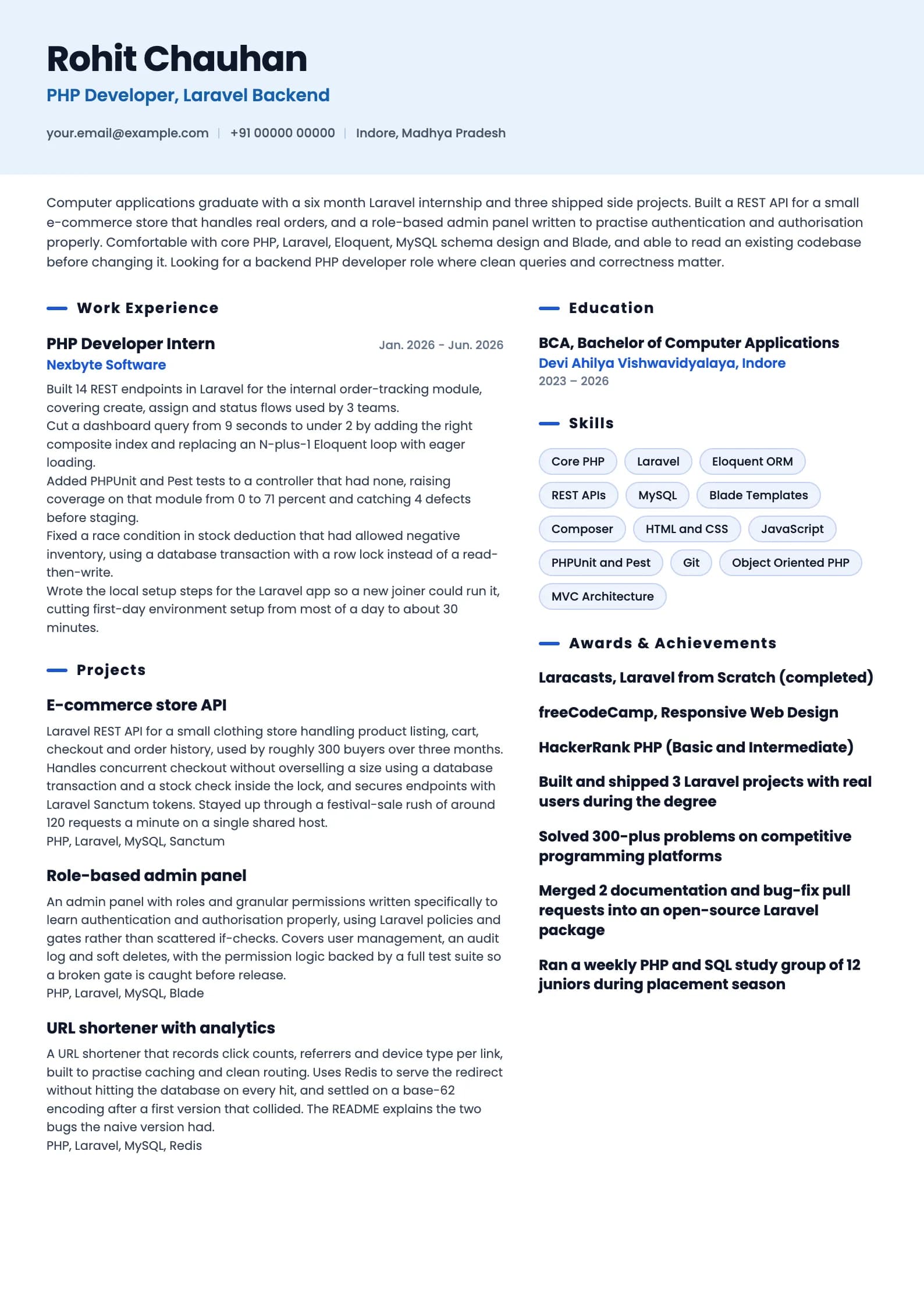 PHP Developer resume example for Fresher (0 years), ai-era template, showing professional summary, work experience, projects, skills, education and certifications