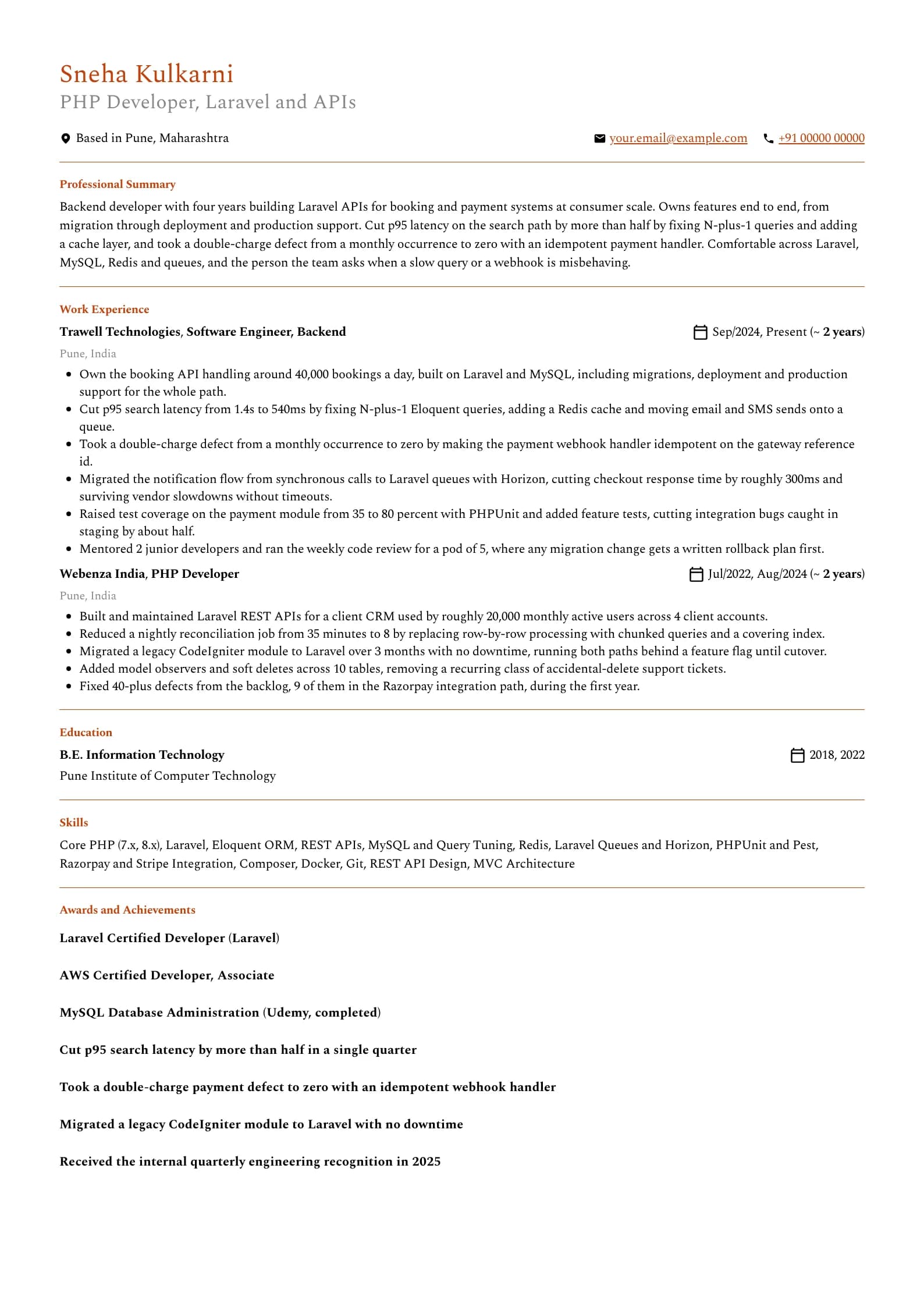 PHP Developer resume example for Mid-level (4 years), professional template, showing professional summary, work experience, skills, education and certifications