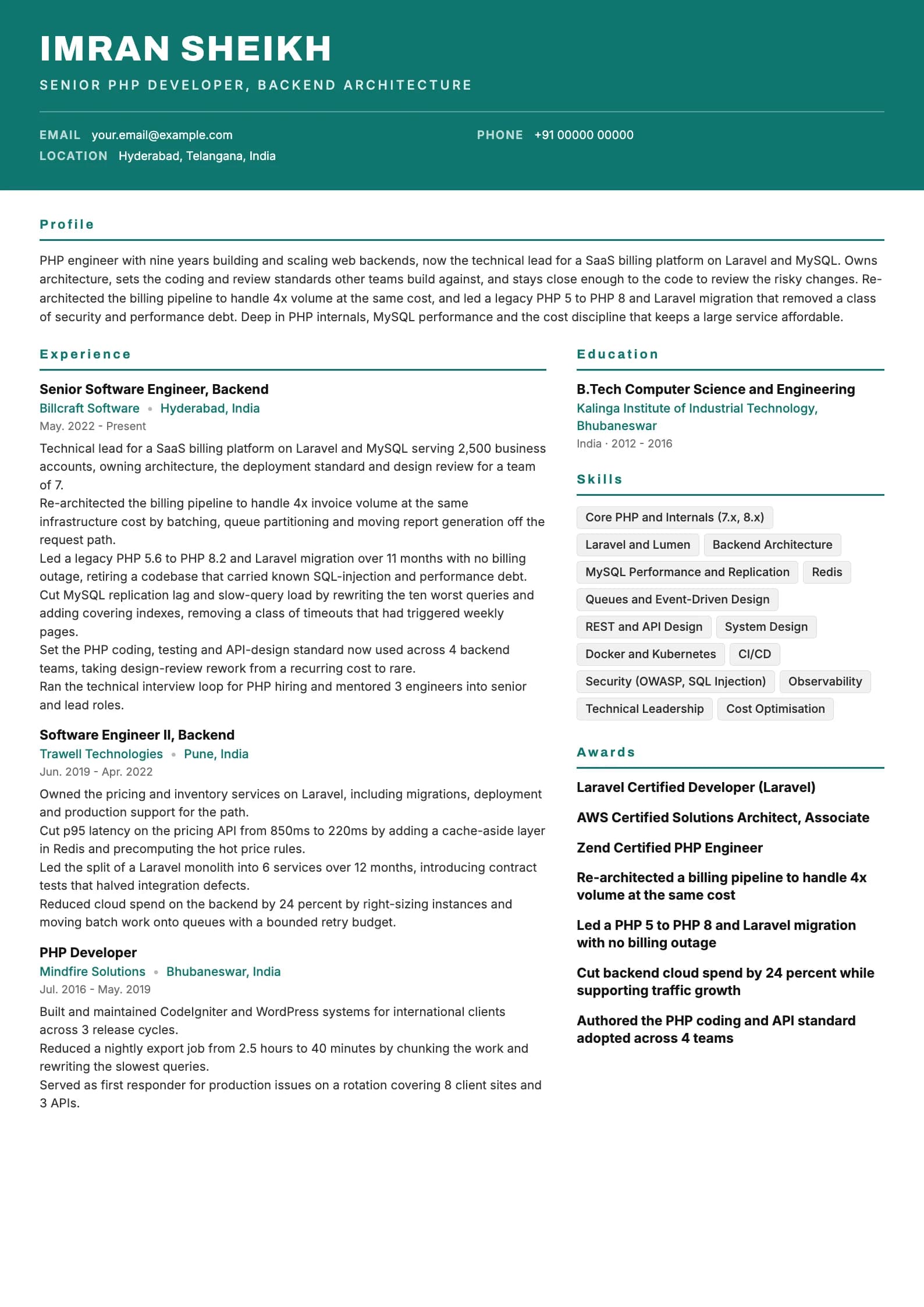 PHP Developer resume example for Senior (9 years), header-band template, showing professional summary, work experience, skills, education and certifications