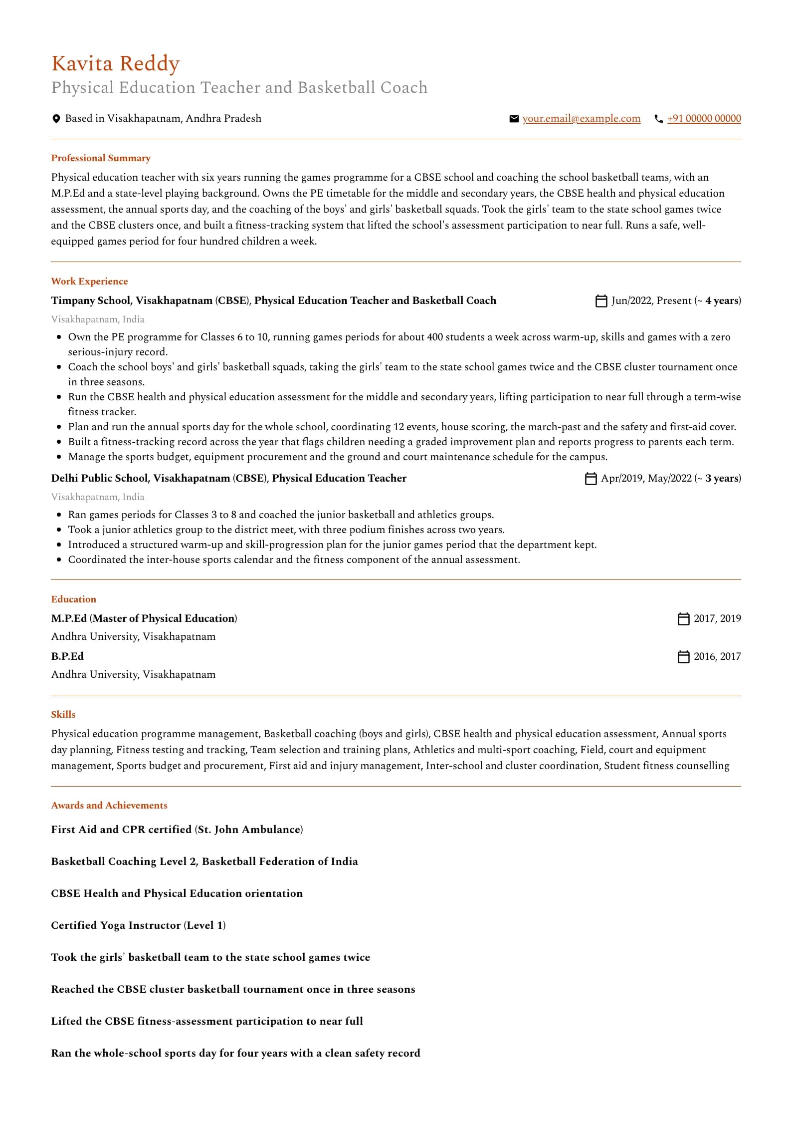 Physical Education Teacher resume example for PE teacher with a coaching record (6 years), professional template, showing professional summary, work experience, skills, education and certifications