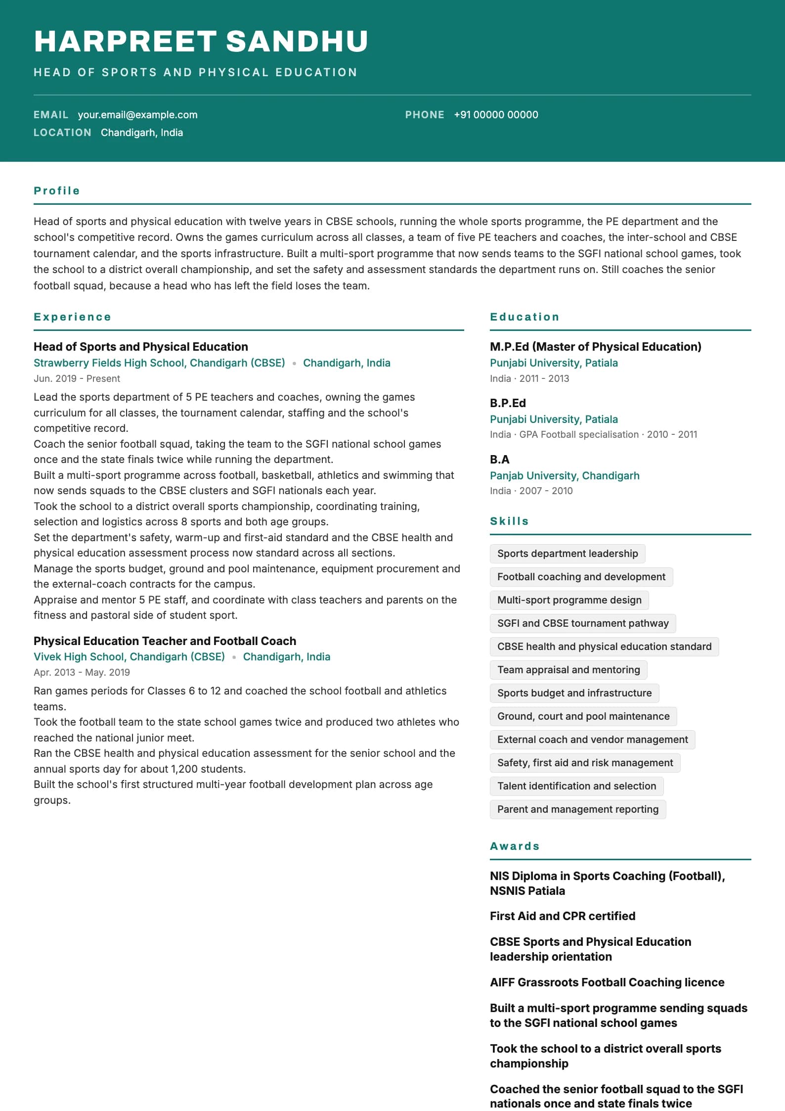 Physical Education Teacher resume example for Head of Sports (12 years), header-band template, showing professional summary, work experience, skills, education and certifications