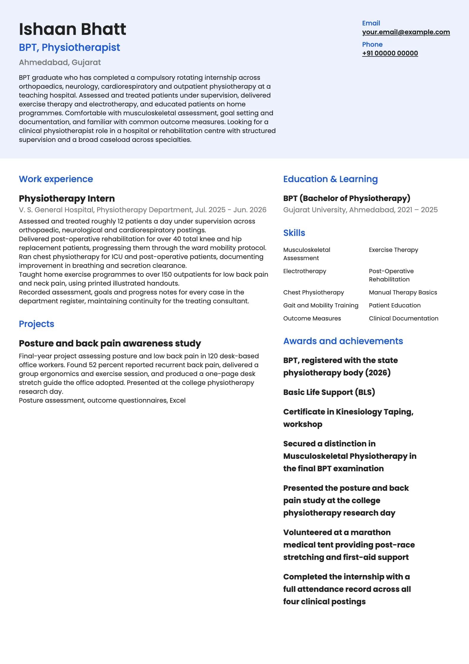 Physiotherapist resume example for Fresher (0 years), modern template, showing professional summary, work experience, projects, skills, education and certifications