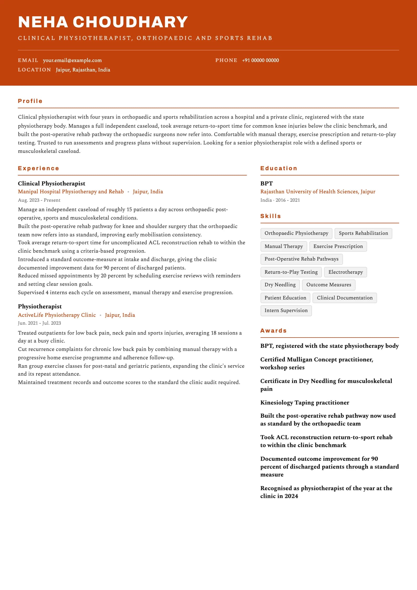 Physiotherapist resume example for Clinical Physiotherapist (4 years), header-band template, showing professional summary, work experience, skills, education and certifications