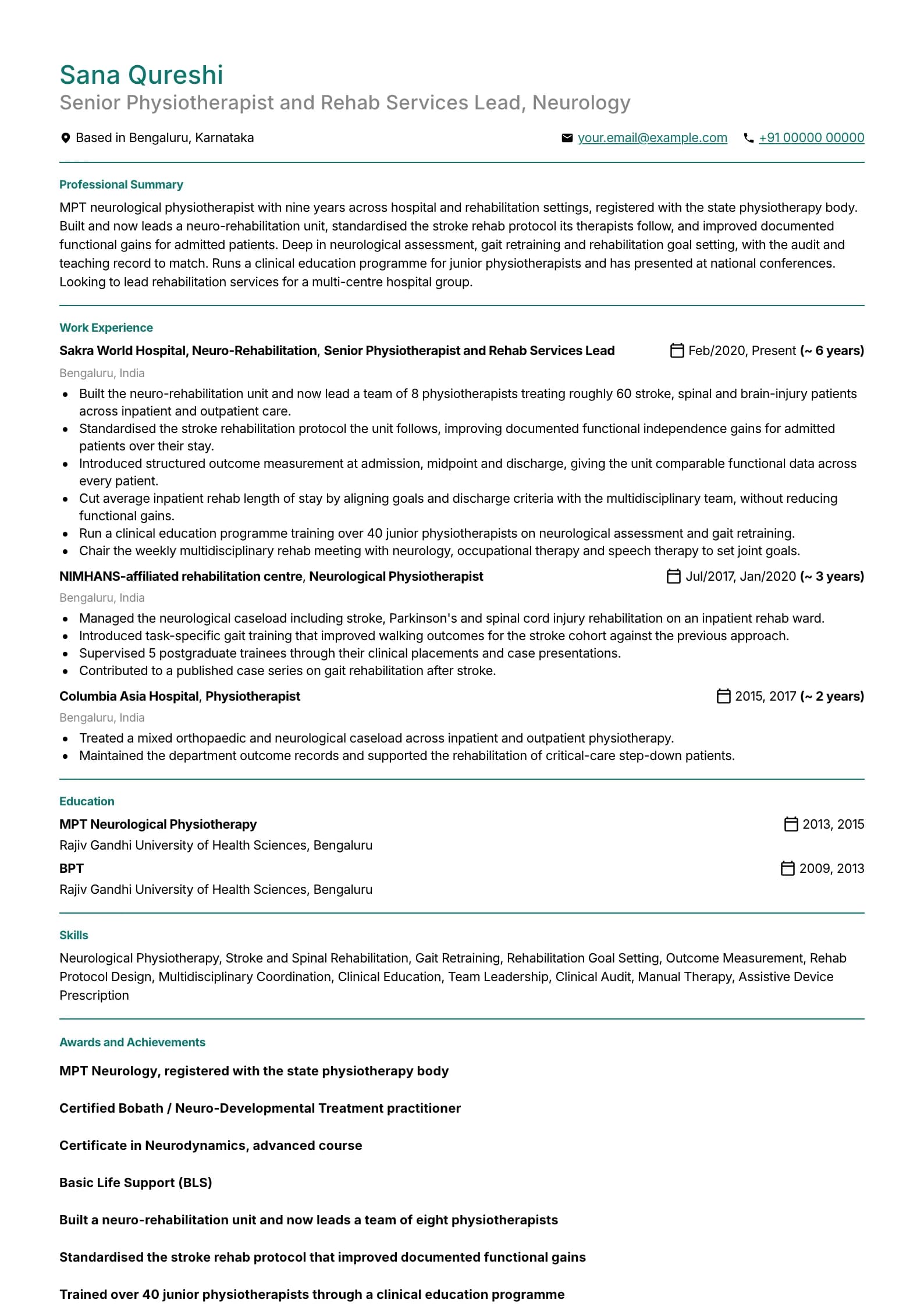 Physiotherapist resume example for MPT Specialist (9 years), professional template, showing professional summary, work experience, skills, education and certifications