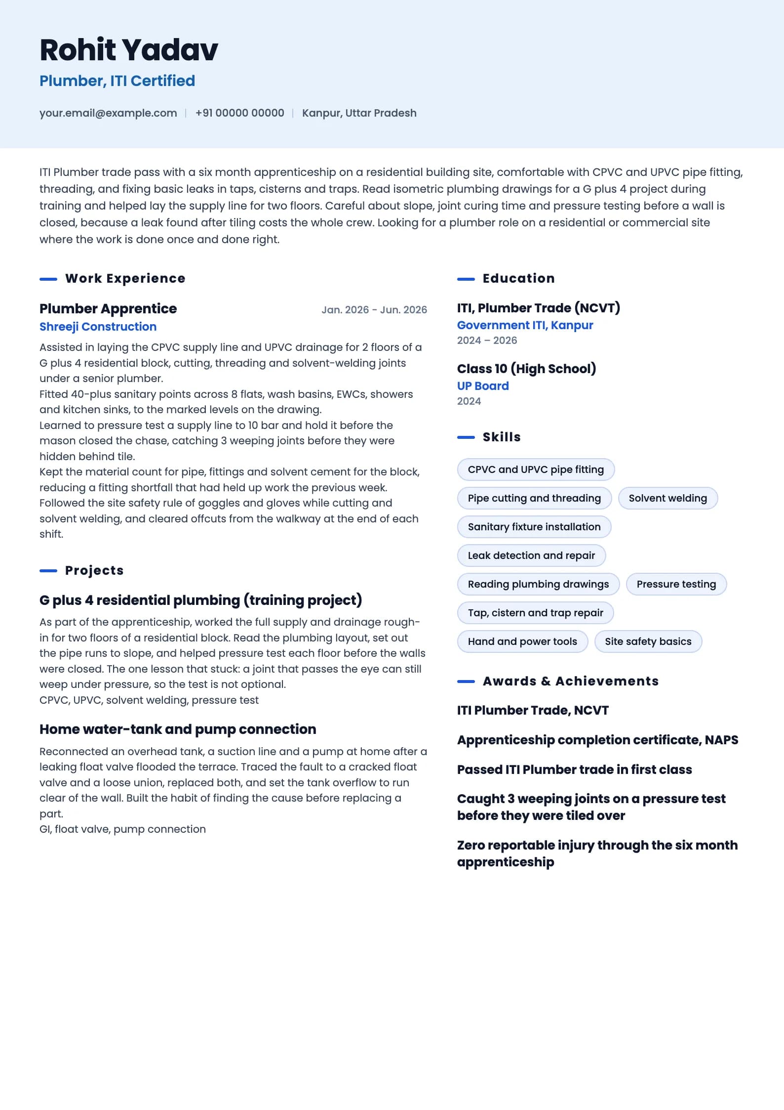Plumber resume example for Fresher (ITI, 0 years), ai-era template, showing professional summary, work experience, projects, skills, education and certifications