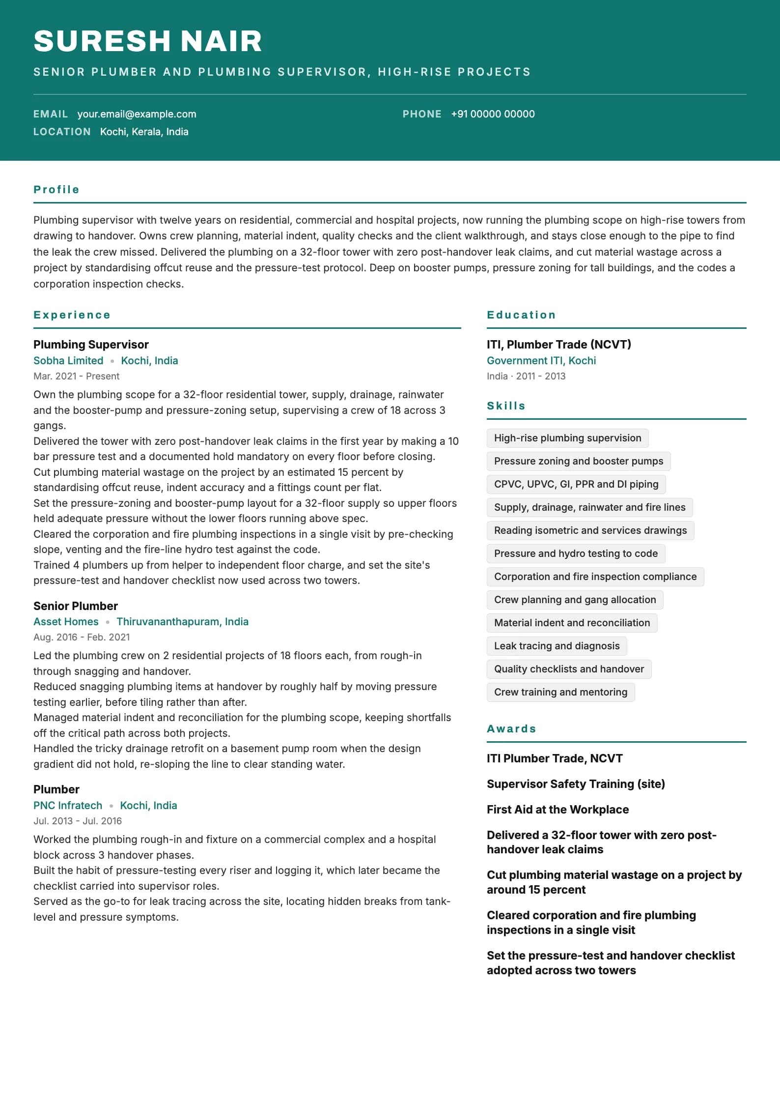 Plumber resume example for Senior (12 years), header-band template, showing professional summary, work experience, skills, education and certifications