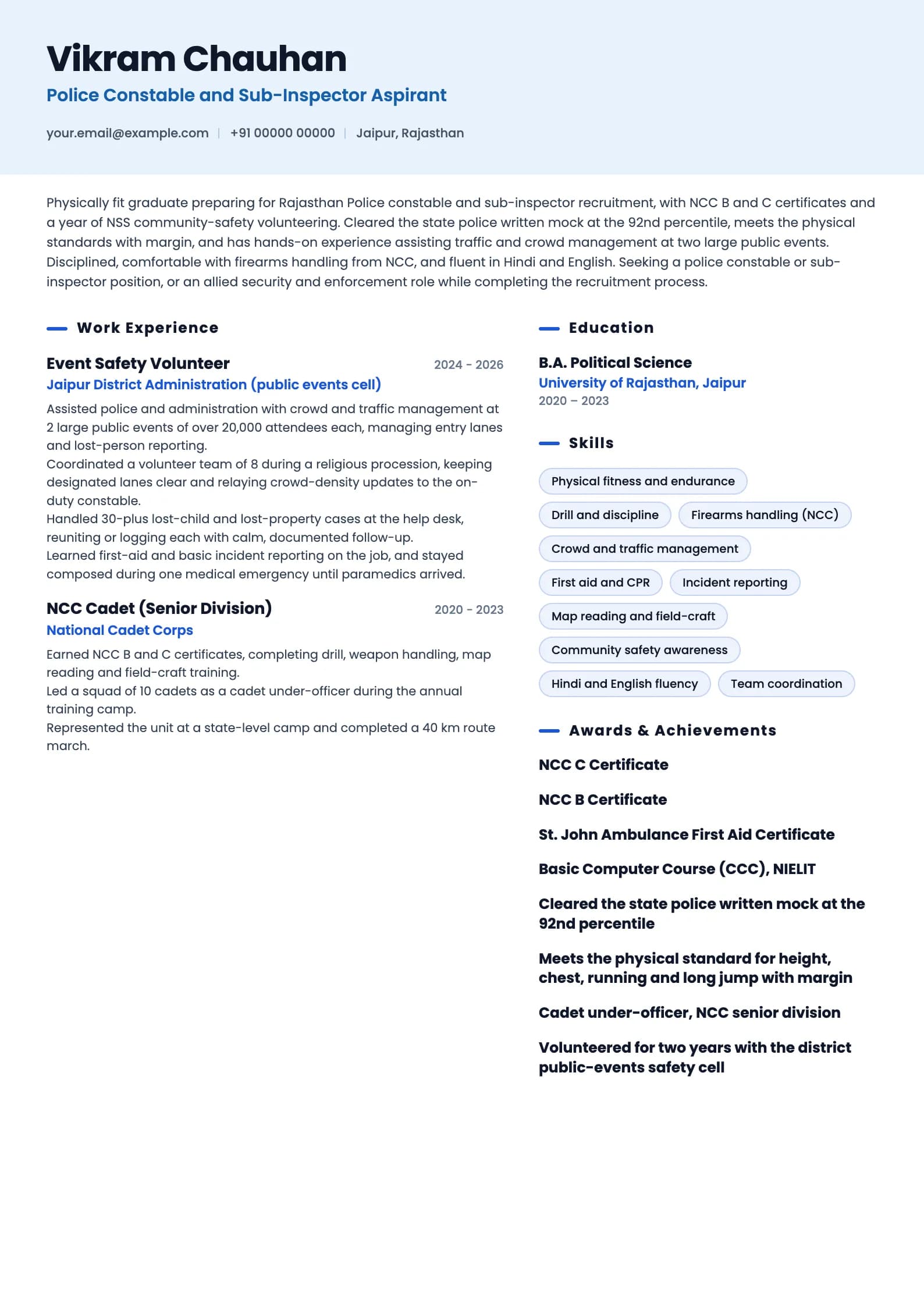 Police Officer resume example for Aspirant and fresher (0 years), ai-era template, showing professional summary, work experience, skills, education and certifications