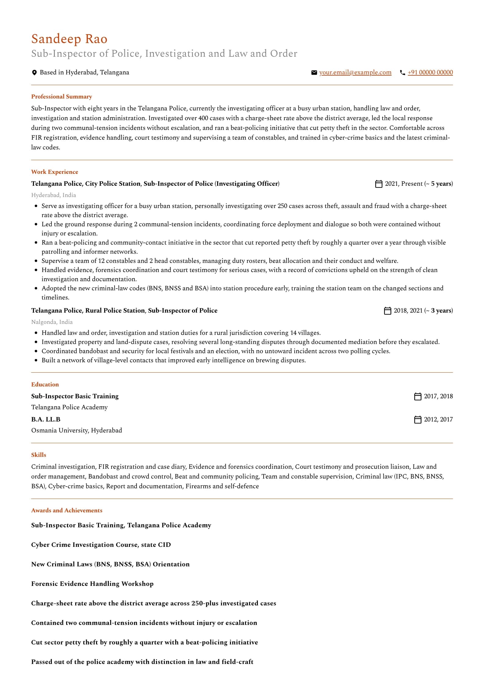 Police Officer resume example for Serving Sub-Inspector (8 years), professional template, showing professional summary, work experience, skills, education and certifications