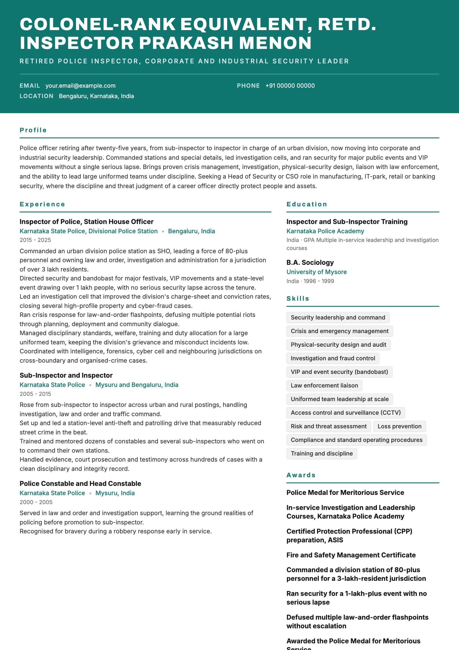 Police Officer resume example for Senior officer to corporate security (25 years), header-band template, showing professional summary, work experience, skills, education and certifications