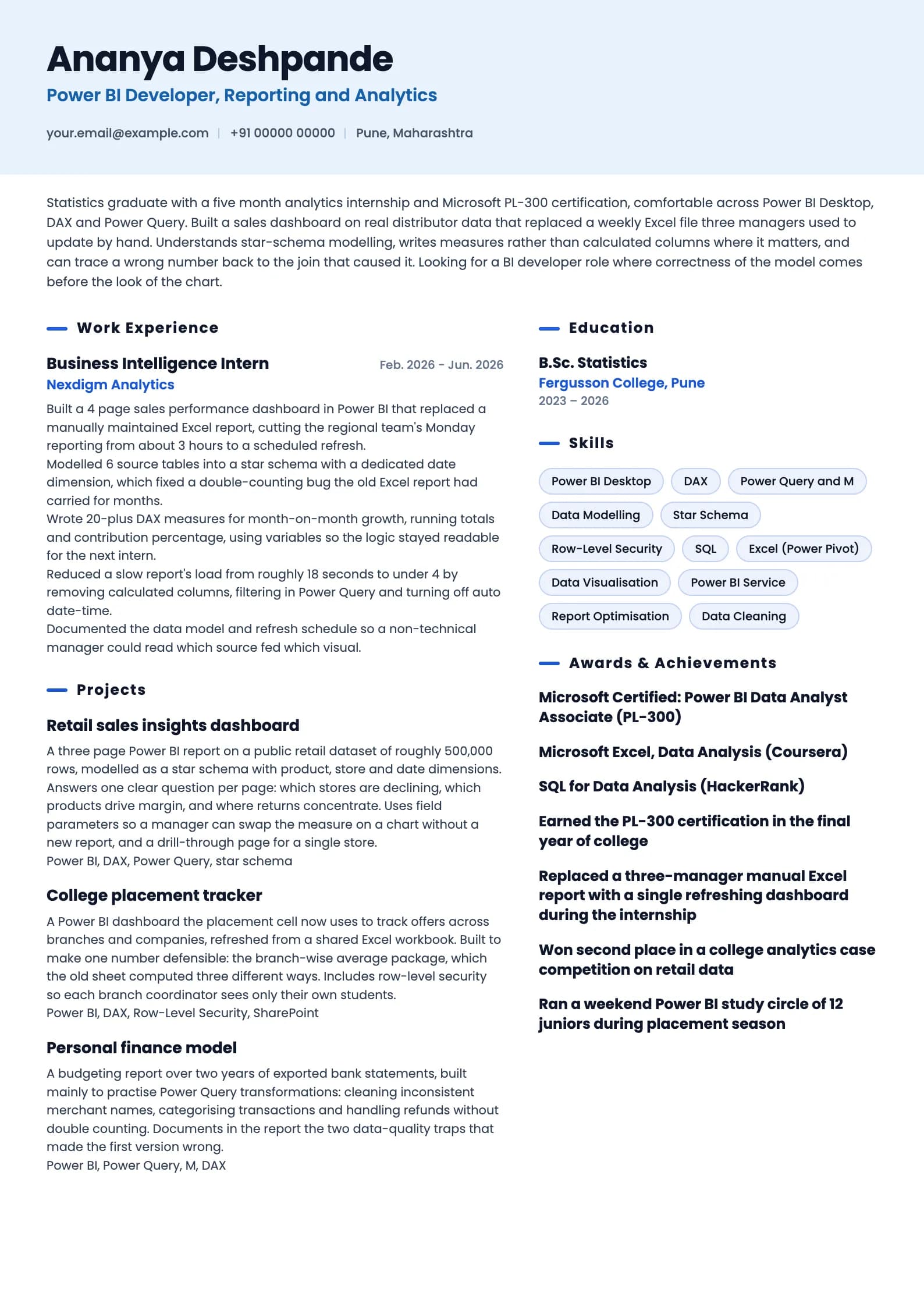 Power BI Developer resume example for Fresher (0 to 1 years), ai-era template, showing professional summary, work experience, projects, skills, education and certifications