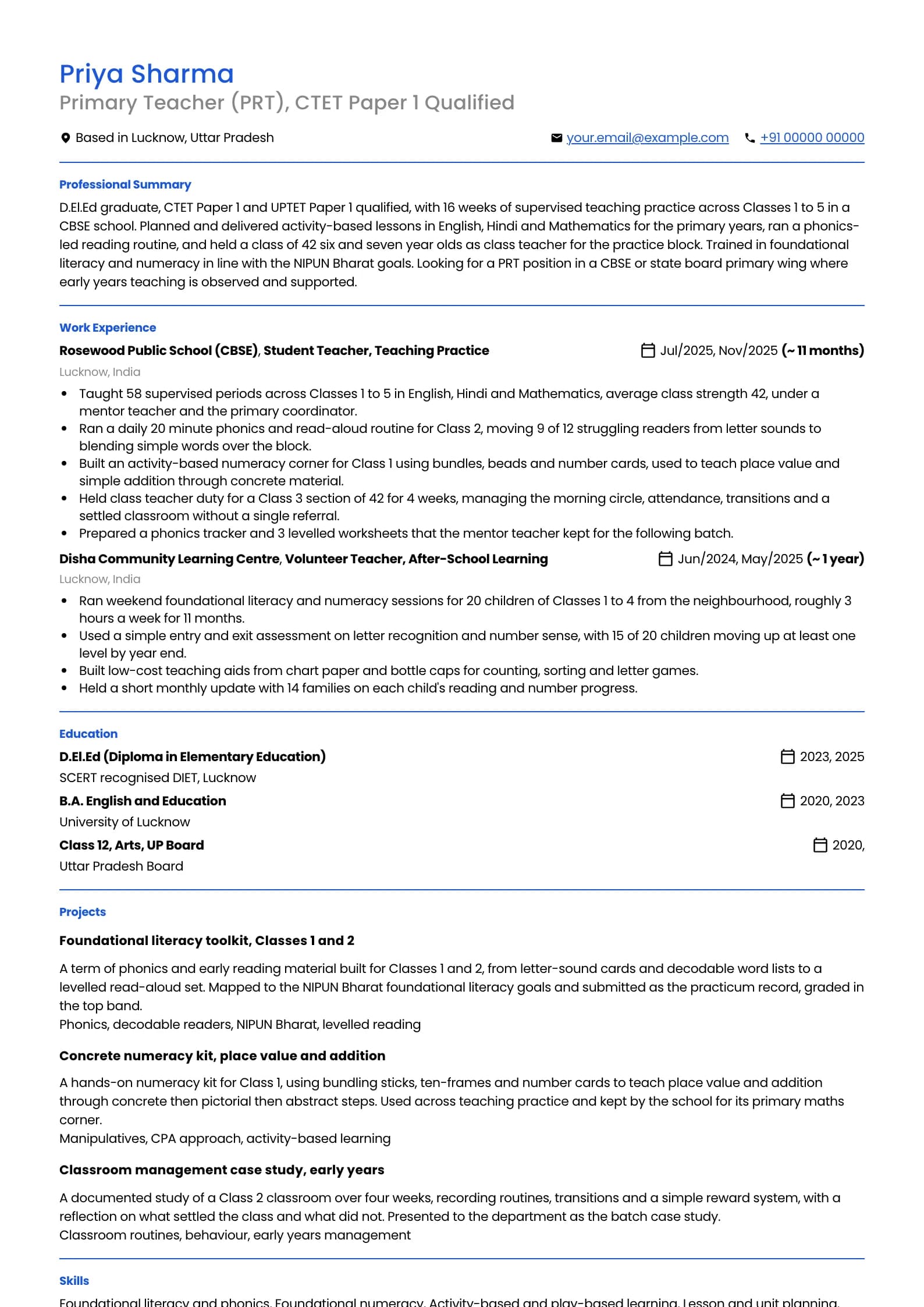 Primary Teacher resume example for Fresher, D.El.Ed graduate (0 years), minimalist template, showing professional summary, work experience, projects, skills, education and certifications