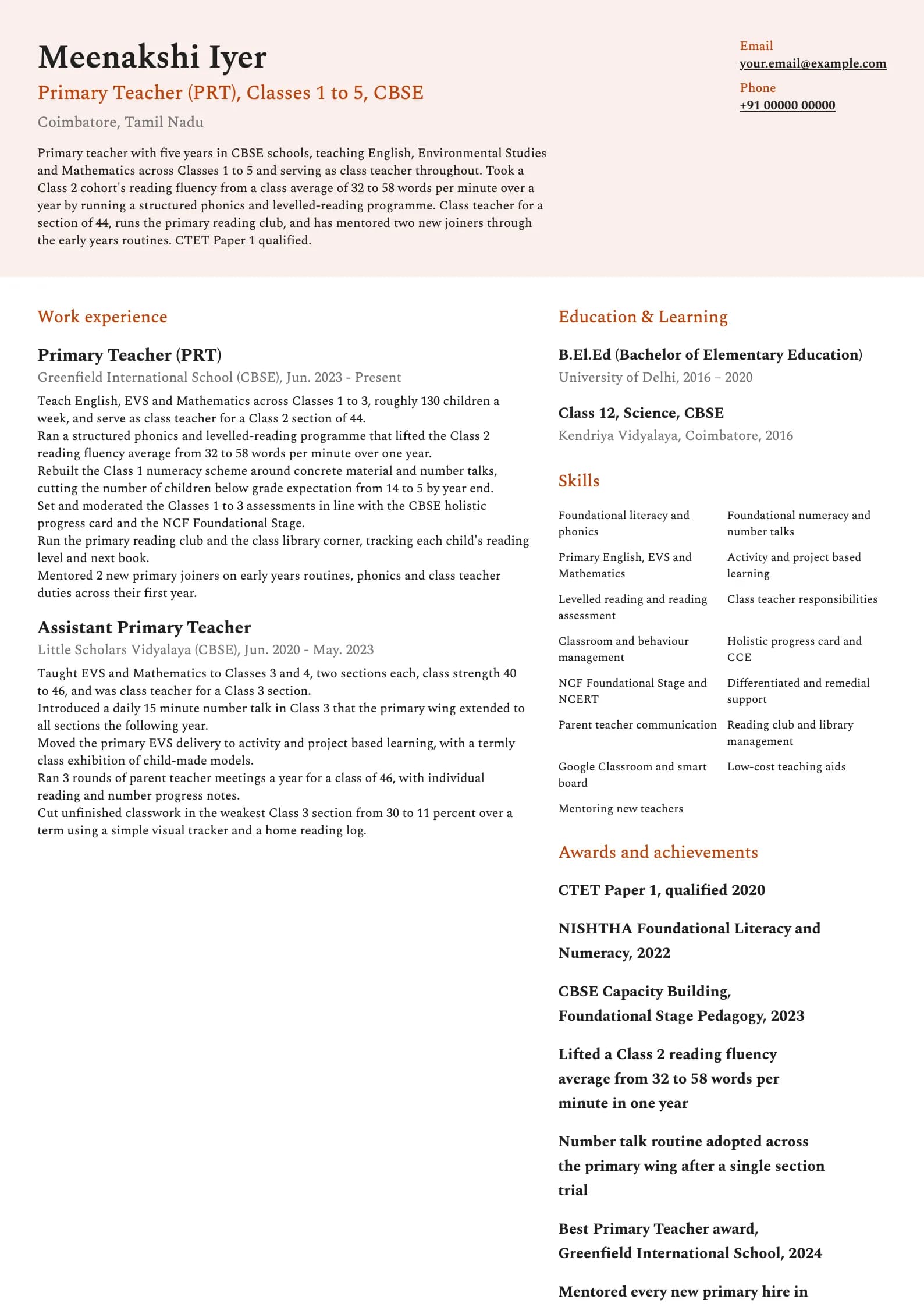 Primary Teacher resume example for Primary Teacher, PRT (5 years), modern template, showing professional summary, work experience, skills, education and certifications