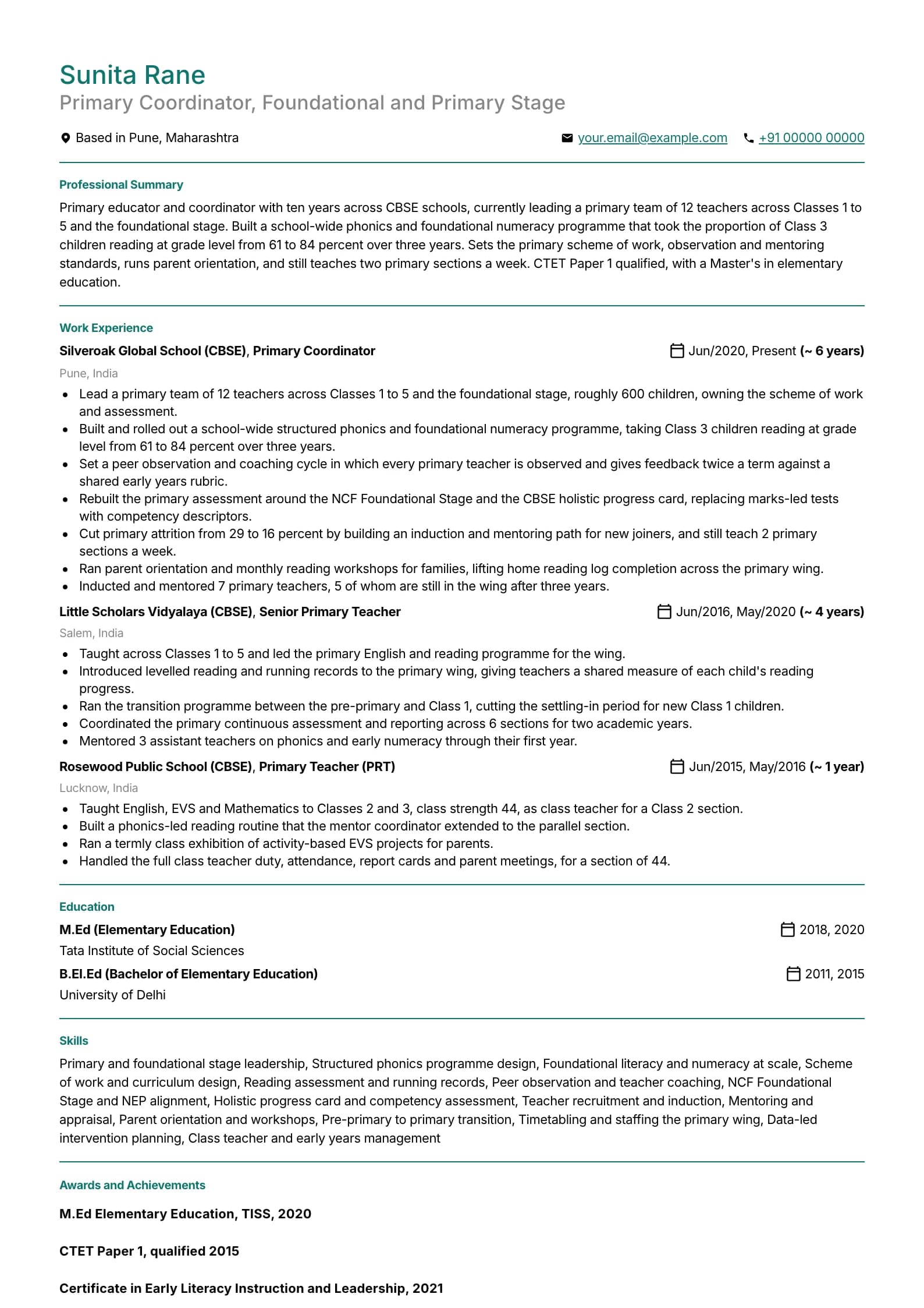 Primary Teacher resume example for Primary Coordinator (10 years), professional template, showing professional summary, work experience, skills, education and certifications