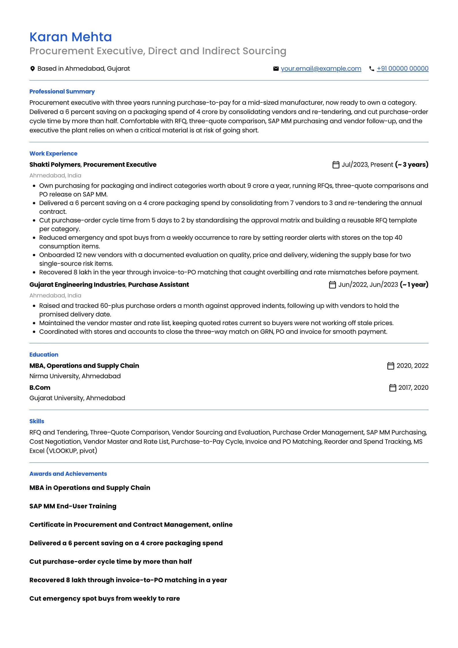 Procurement Manager resume example for Procurement Executive stepping up (3 years), professional template, showing professional summary, work experience, skills, education and certifications