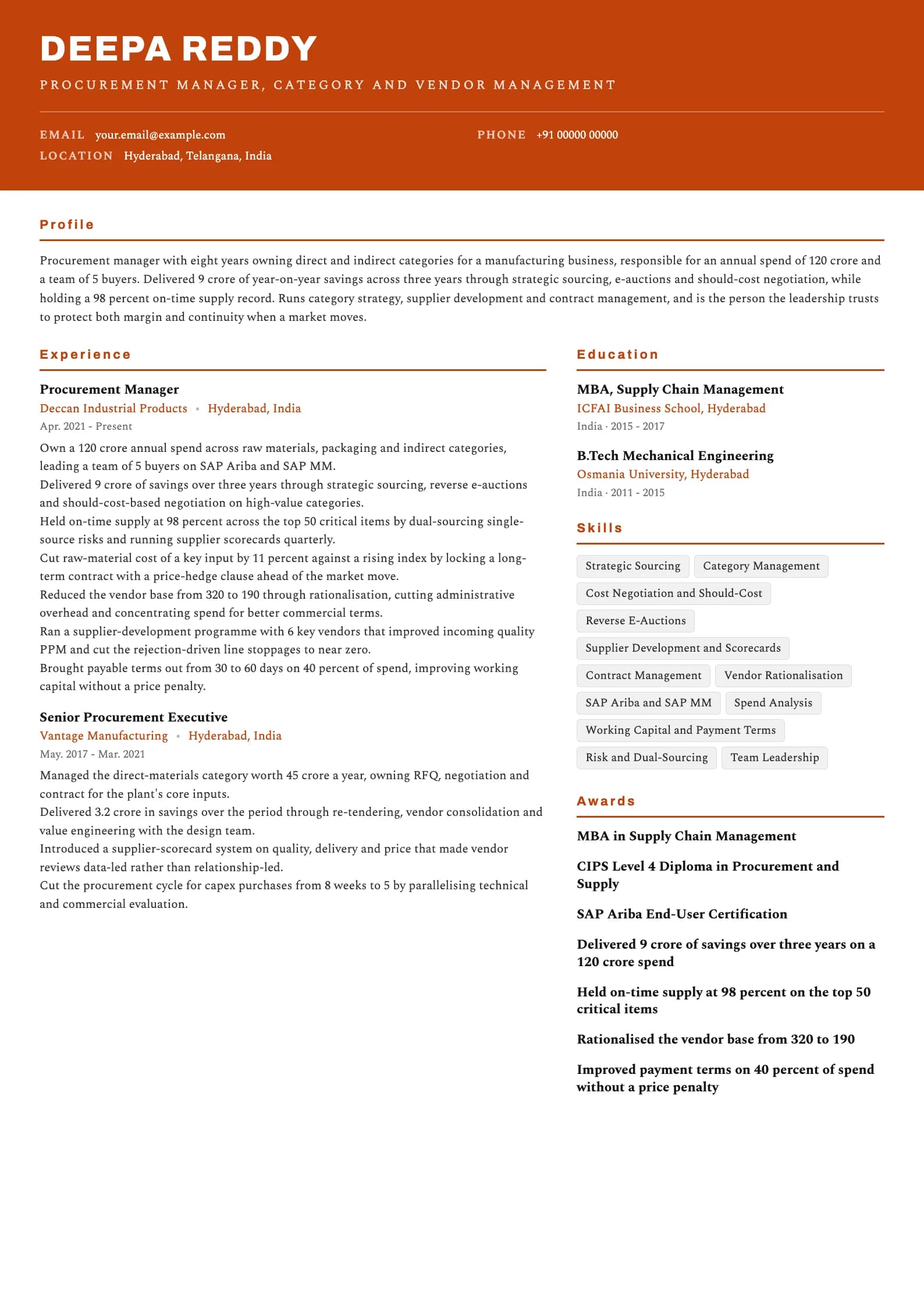 Procurement Manager resume example for Procurement Manager (8 years), header-band template, showing professional summary, work experience, skills, education and certifications