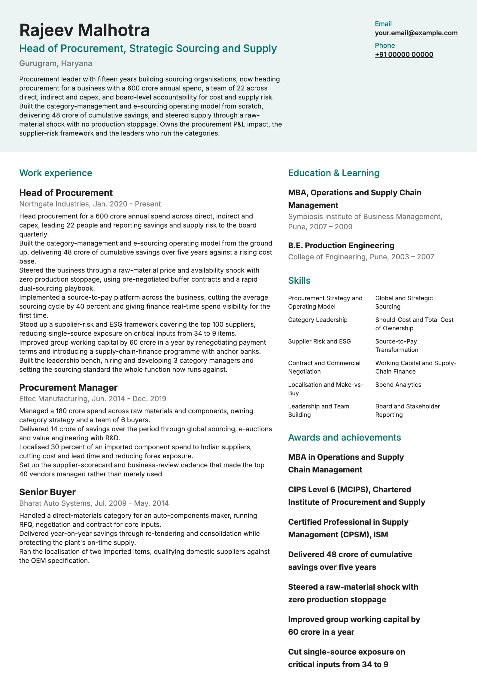 Procurement Manager resume example for Senior Procurement Leader (15 years), modern template, showing professional summary, work experience, skills, education and certifications