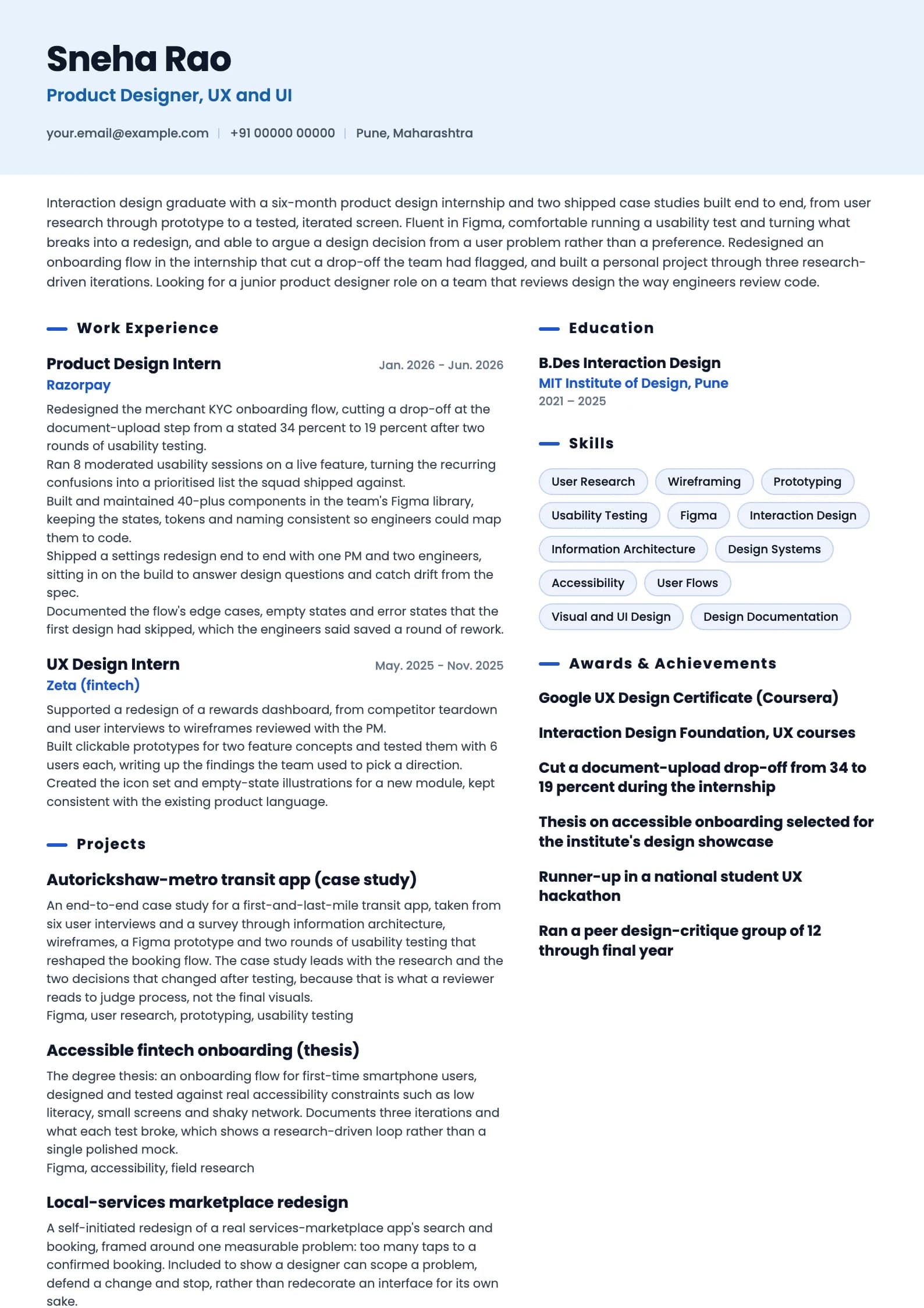 Product Designer resume example for Fresher (design graduate, 0 to 1 year), ai-era template, showing professional summary, work experience, projects, skills, education and certifications