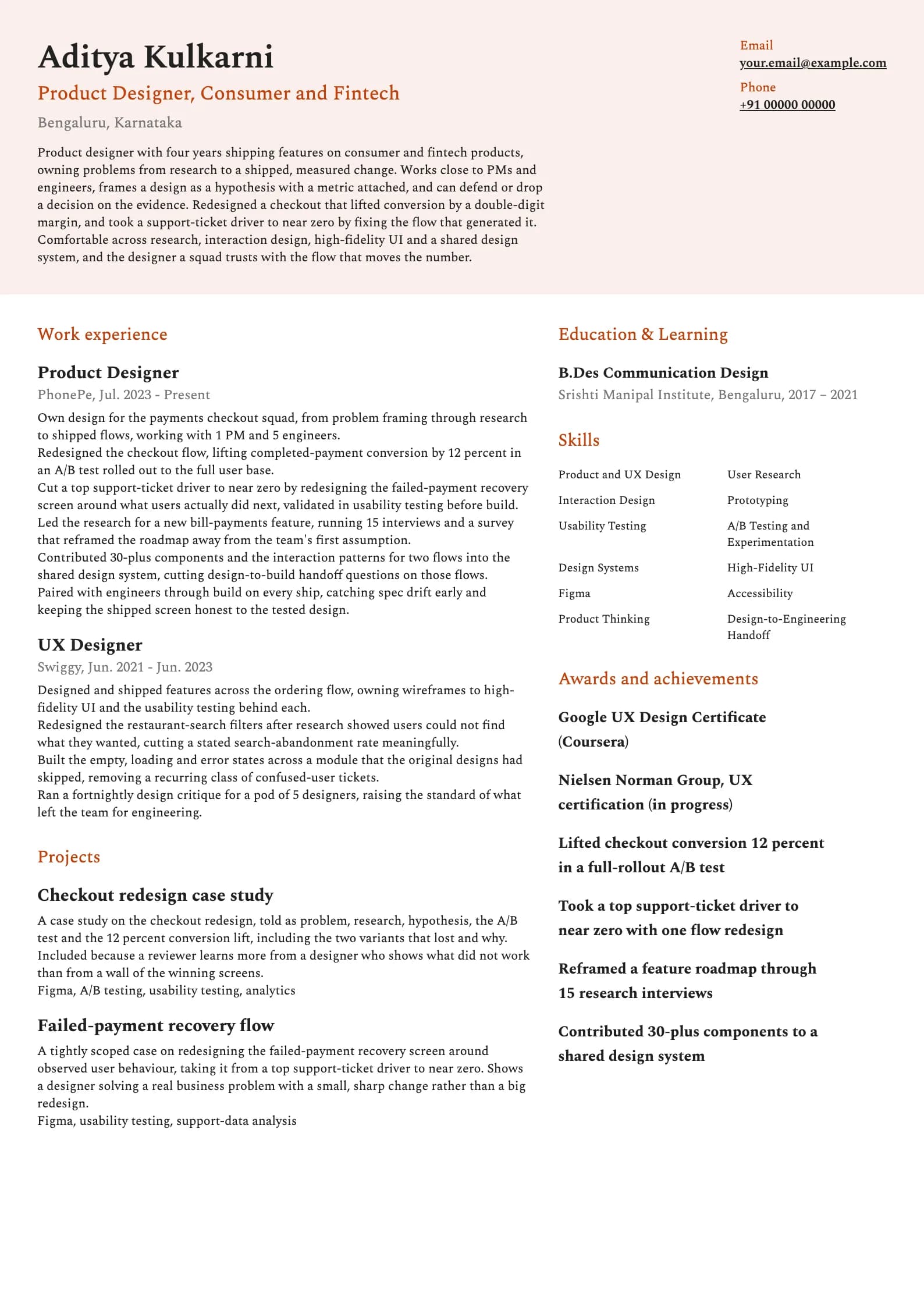 Product Designer resume example for Mid-level (4 years), modern template, showing professional summary, work experience, projects, skills, education and certifications