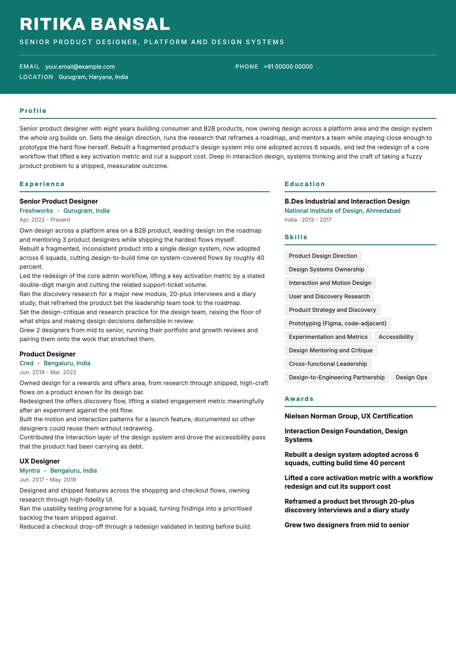 Product Designer resume example for Senior (8 years), header-band template, showing professional summary, work experience, skills, education and certifications