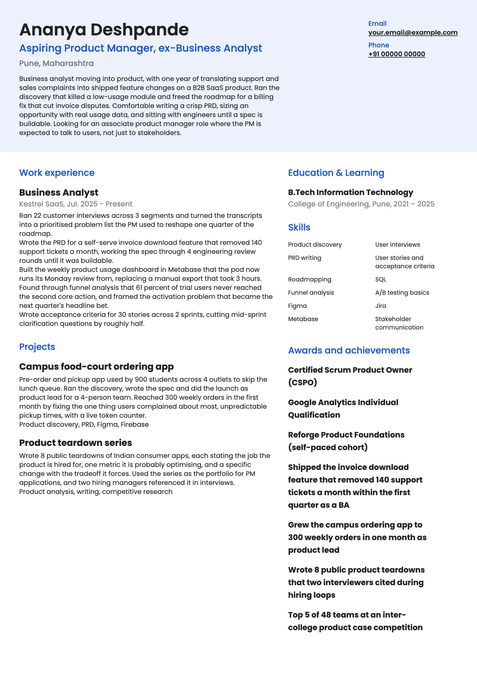 Product Manager resume example for Aspiring PM (0 to 1 year), modern template, showing professional summary, work experience, projects, skills, education and certifications