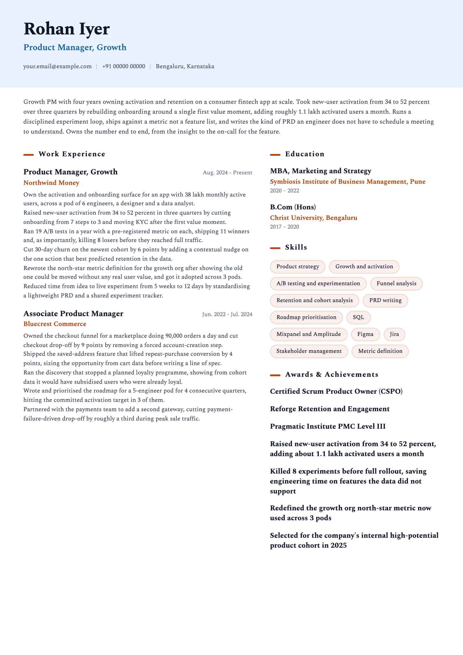 Product Manager resume example for Mid-level PM (4 years), ai-era template, showing professional summary, work experience, skills, education and certifications