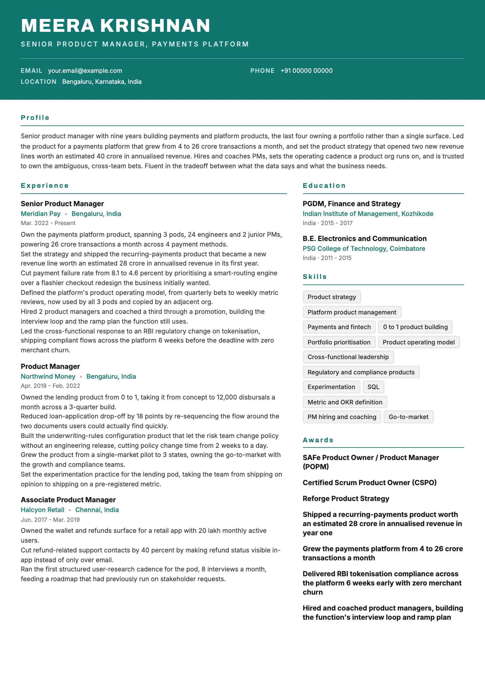 Product Manager resume example for Senior PM (9 years), header-band template, showing professional summary, work experience, skills, education and certifications