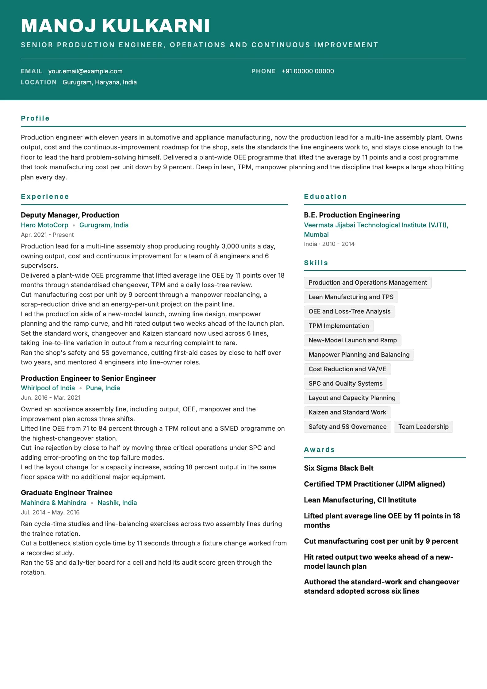 Production Engineer resume example for Senior (11 years), header-band template, showing professional summary, work experience, skills, education and certifications