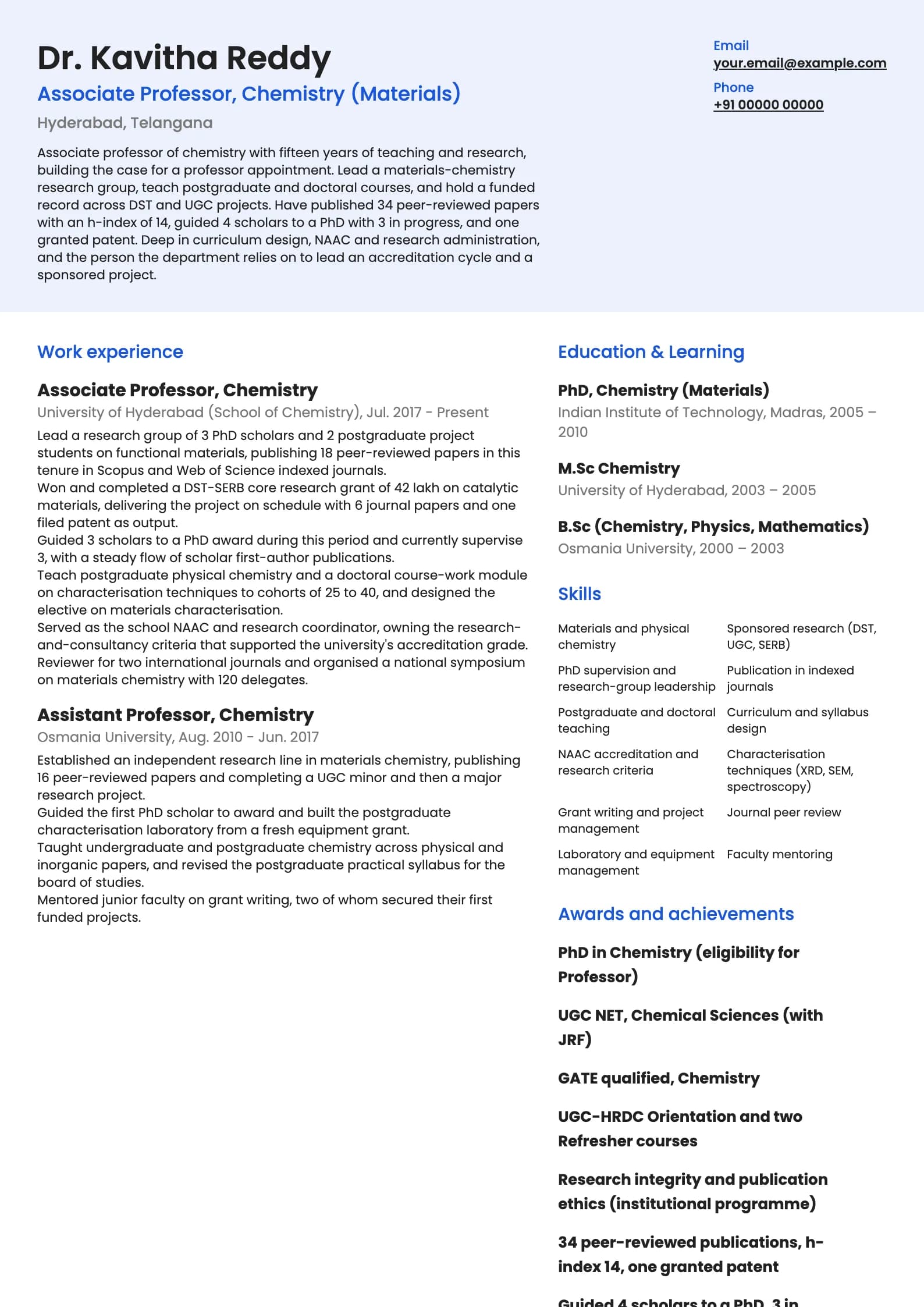 Professor resume example for Associate Professor, case for promotion (15 years), modern template, showing professional summary, work experience, skills, education and certifications