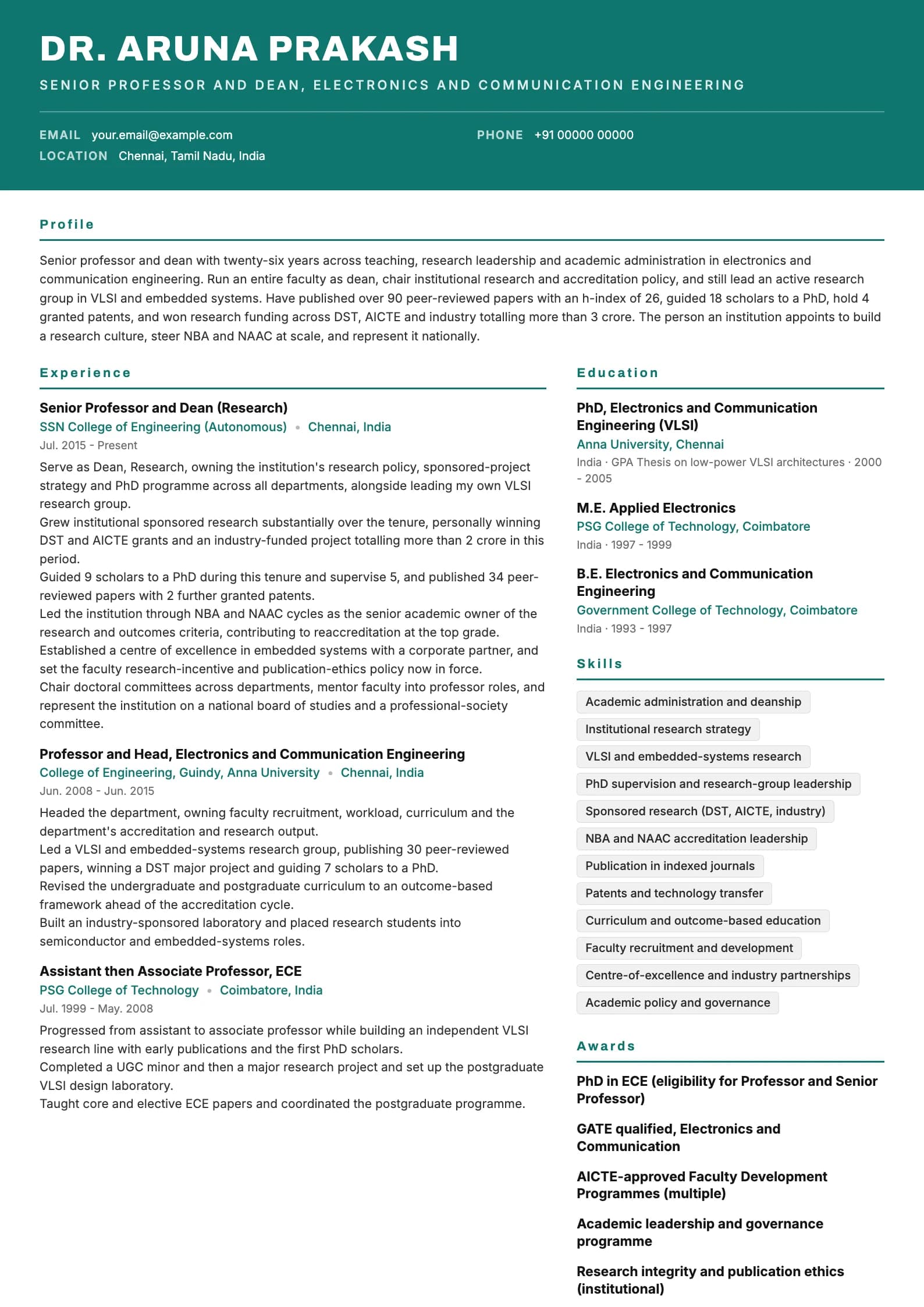 Professor resume example for Senior Professor and Dean (26 years), header-band template, showing professional summary, work experience, skills, education and certifications