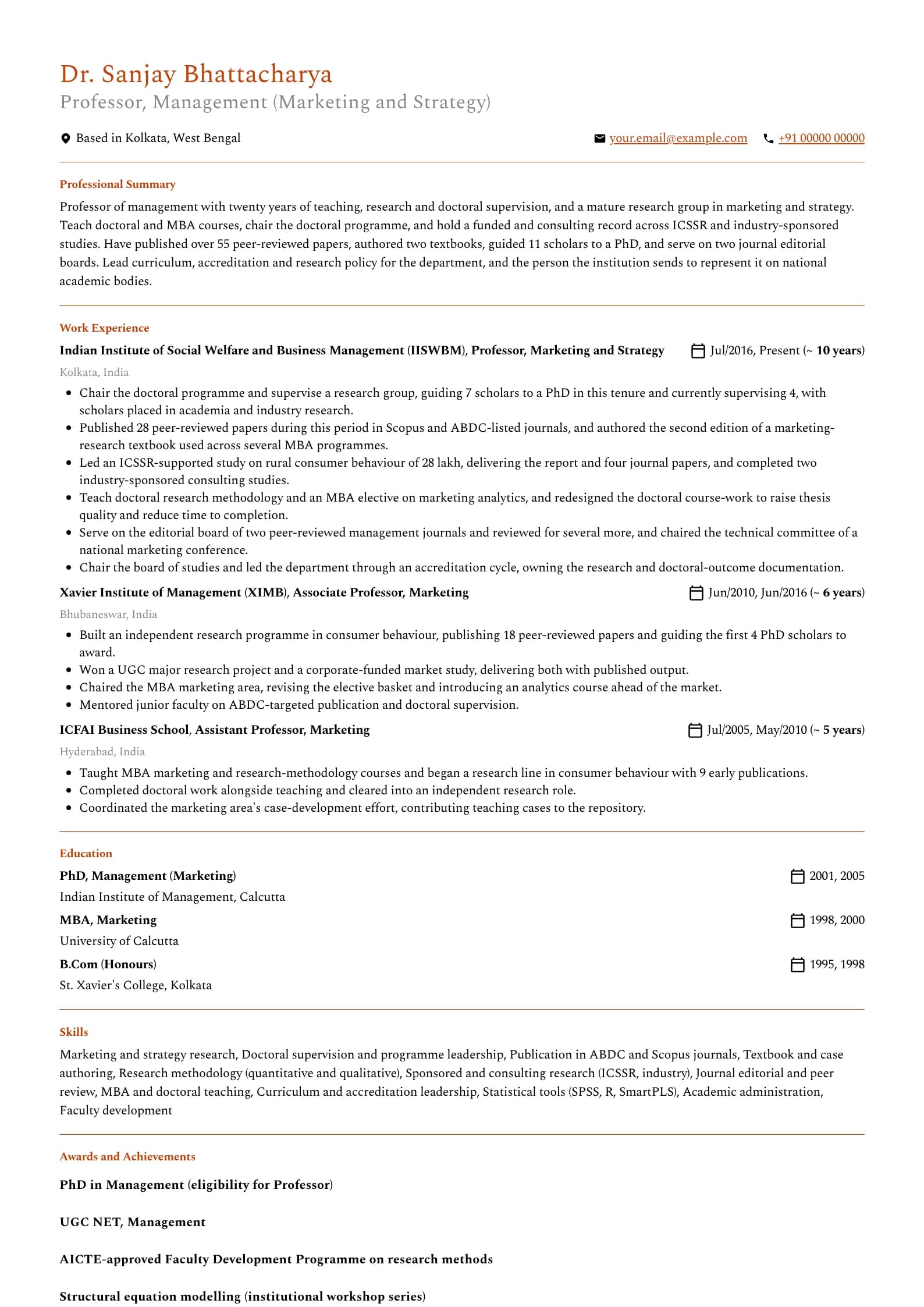 Professor resume example for Professor (20 years), professional template, showing professional summary, work experience, skills, education and certifications