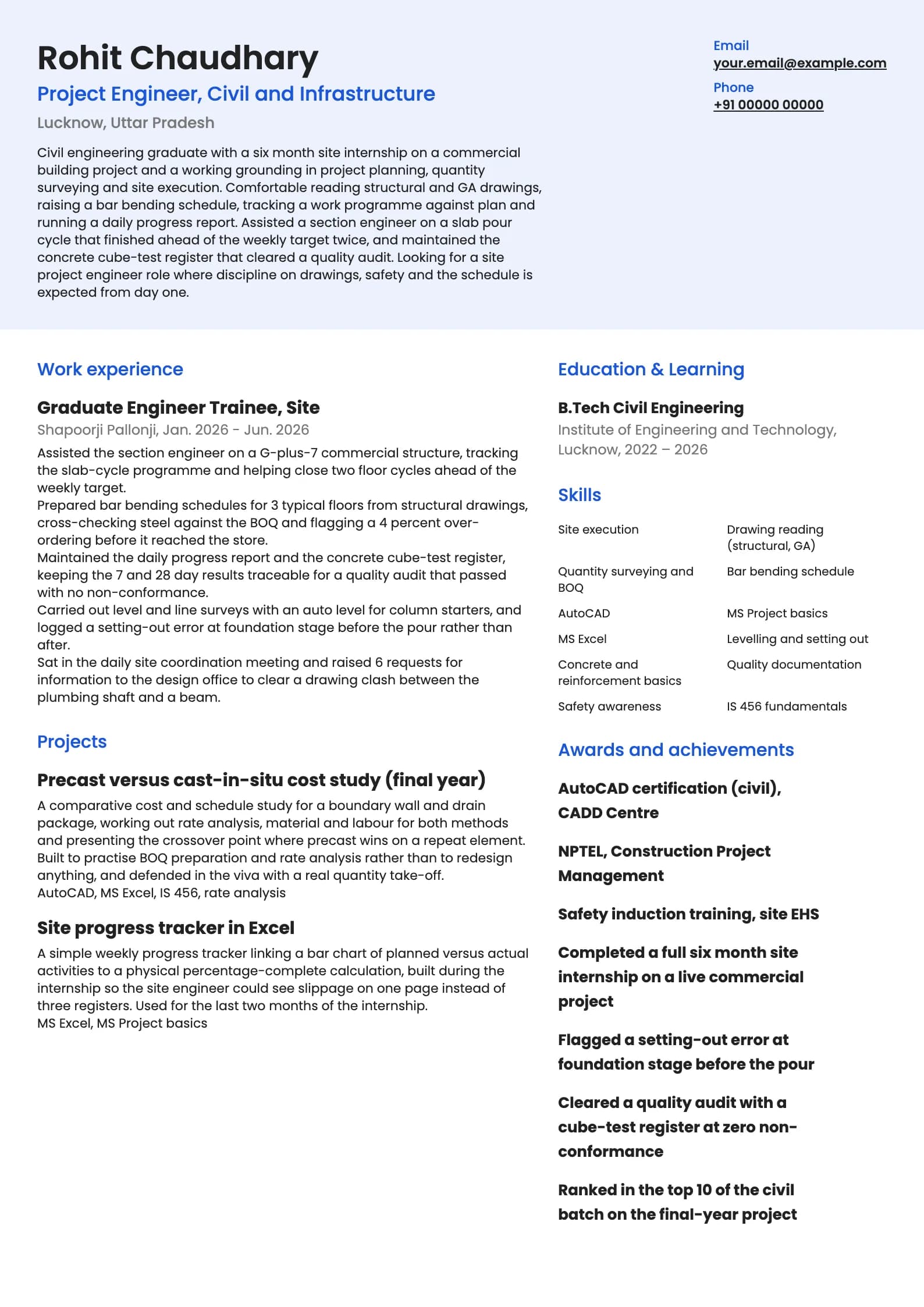 Project Engineer resume example for Fresher (0 years), modern template, showing professional summary, work experience, projects, skills, education and certifications