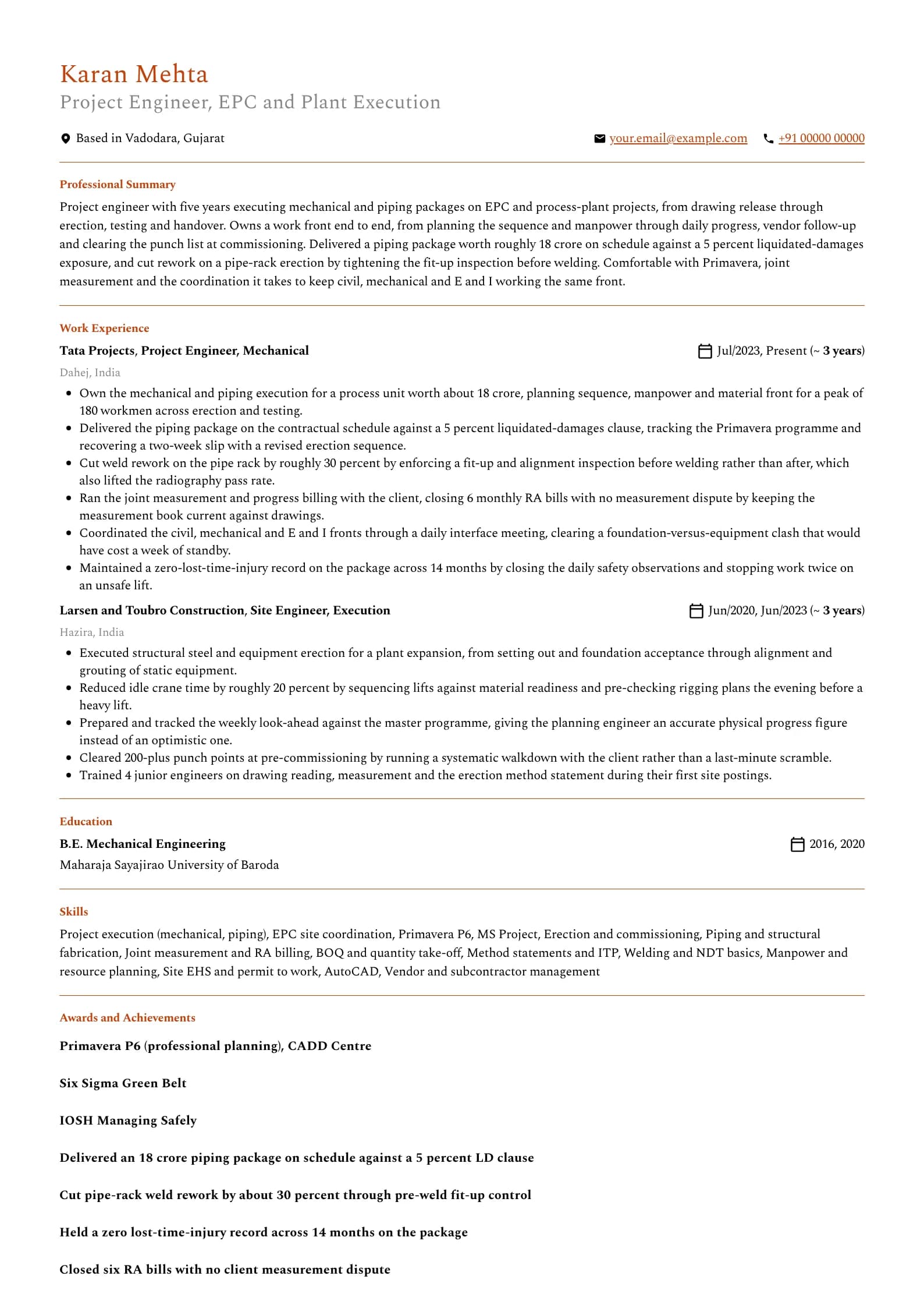 Project Engineer resume example for Mid-level (5 years), professional template, showing professional summary, work experience, skills, education and certifications