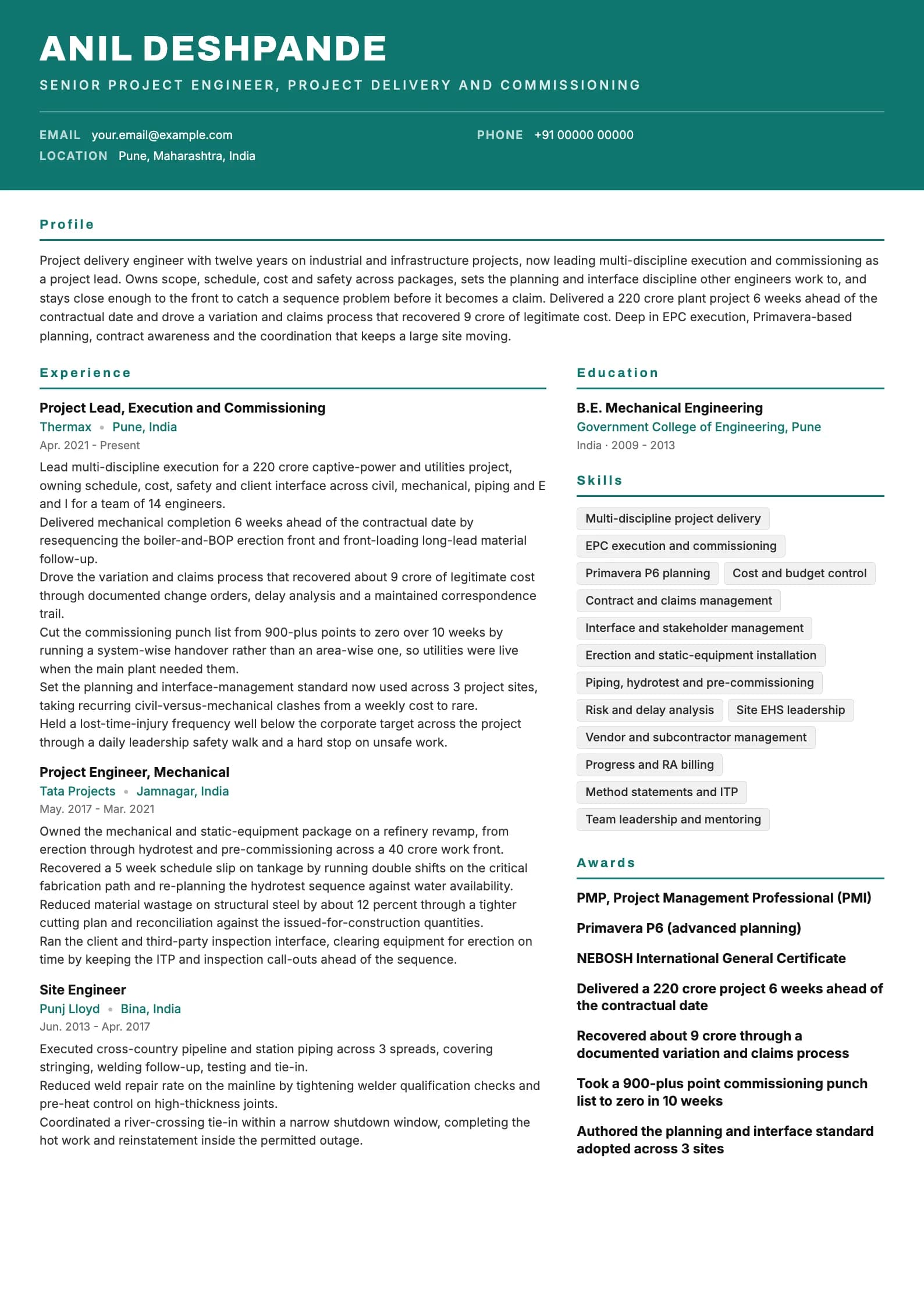 Project Engineer resume example for Senior (12 years), header-band template, showing professional summary, work experience, skills, education and certifications
