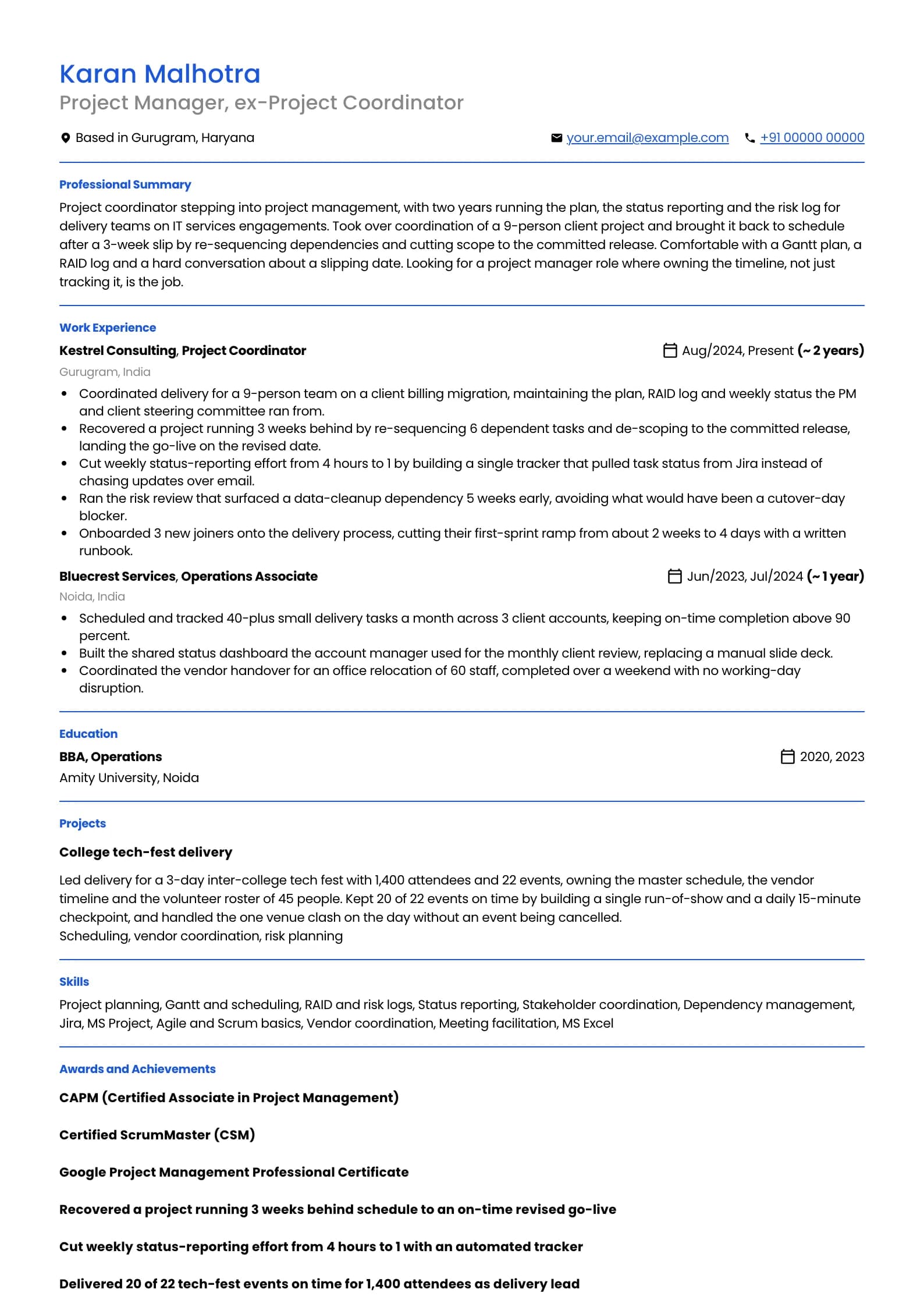 Project Manager resume example for New PM (1 to 2 years), minimalist template, showing professional summary, work experience, projects, skills, education and certifications
