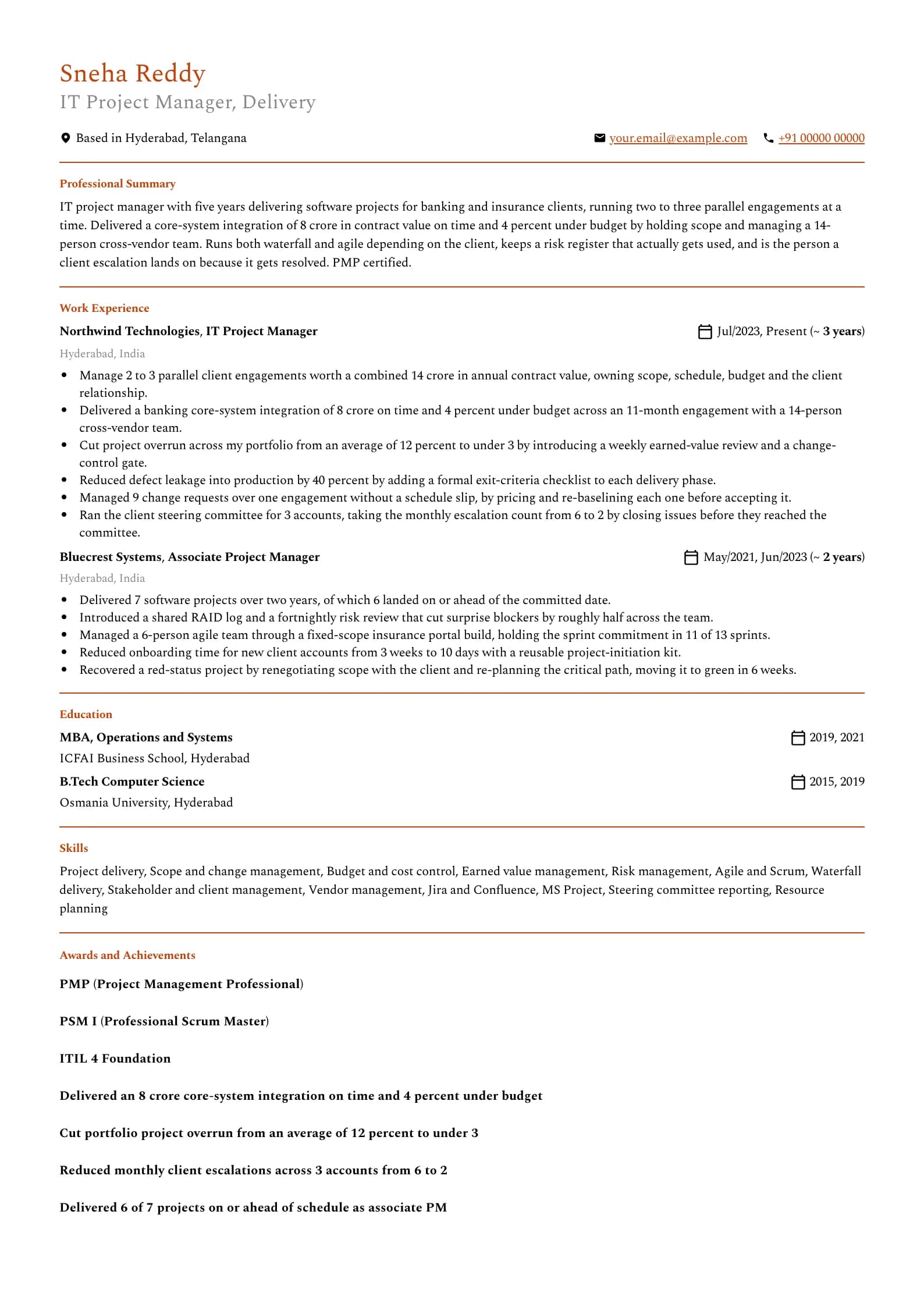 Project Manager resume example for Mid-level PM (5 years), professional template, showing professional summary, work experience, skills, education and certifications