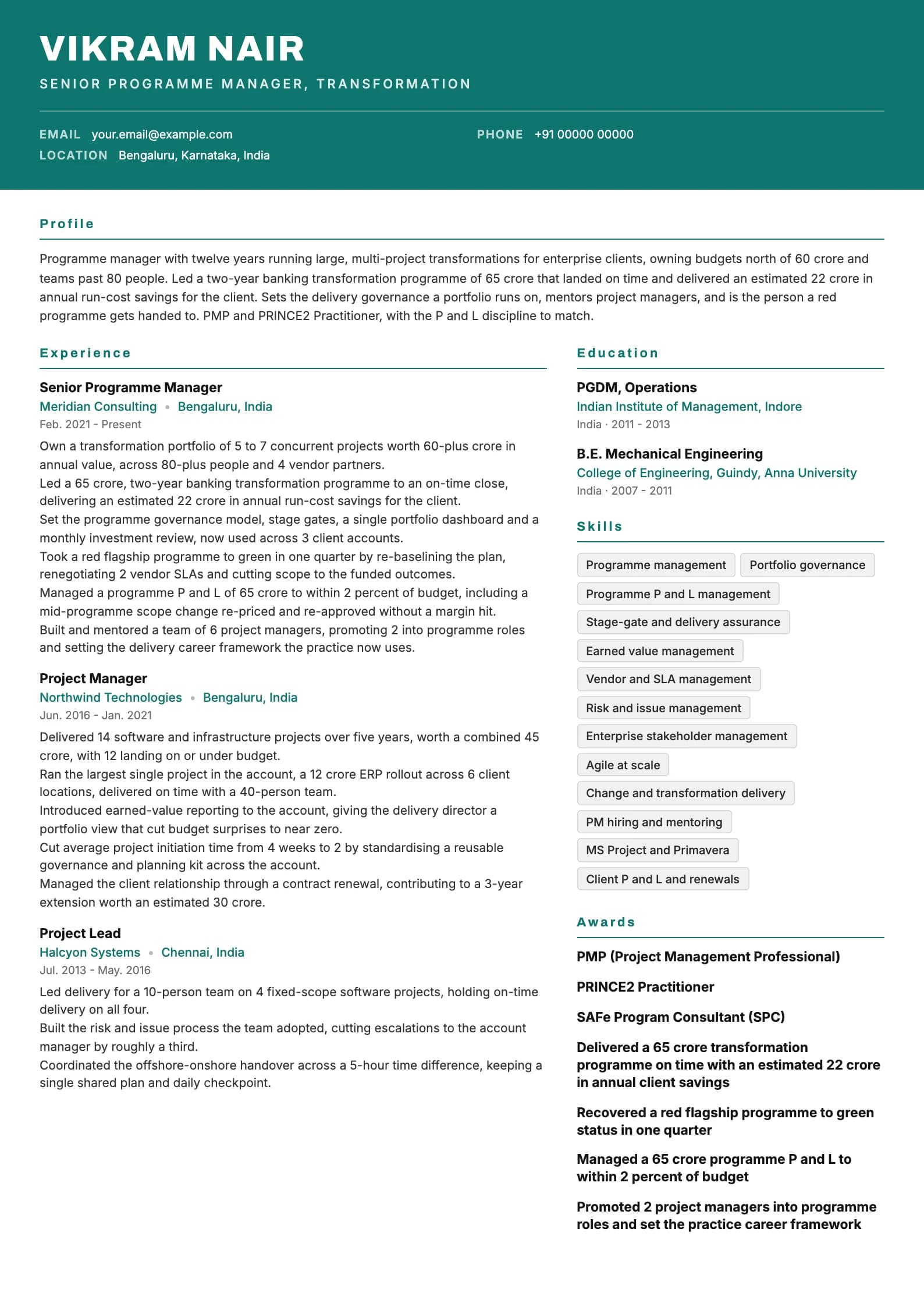 Project Manager resume example for Senior programme manager (12 years), header-band template, showing professional summary, work experience, skills, education and certifications