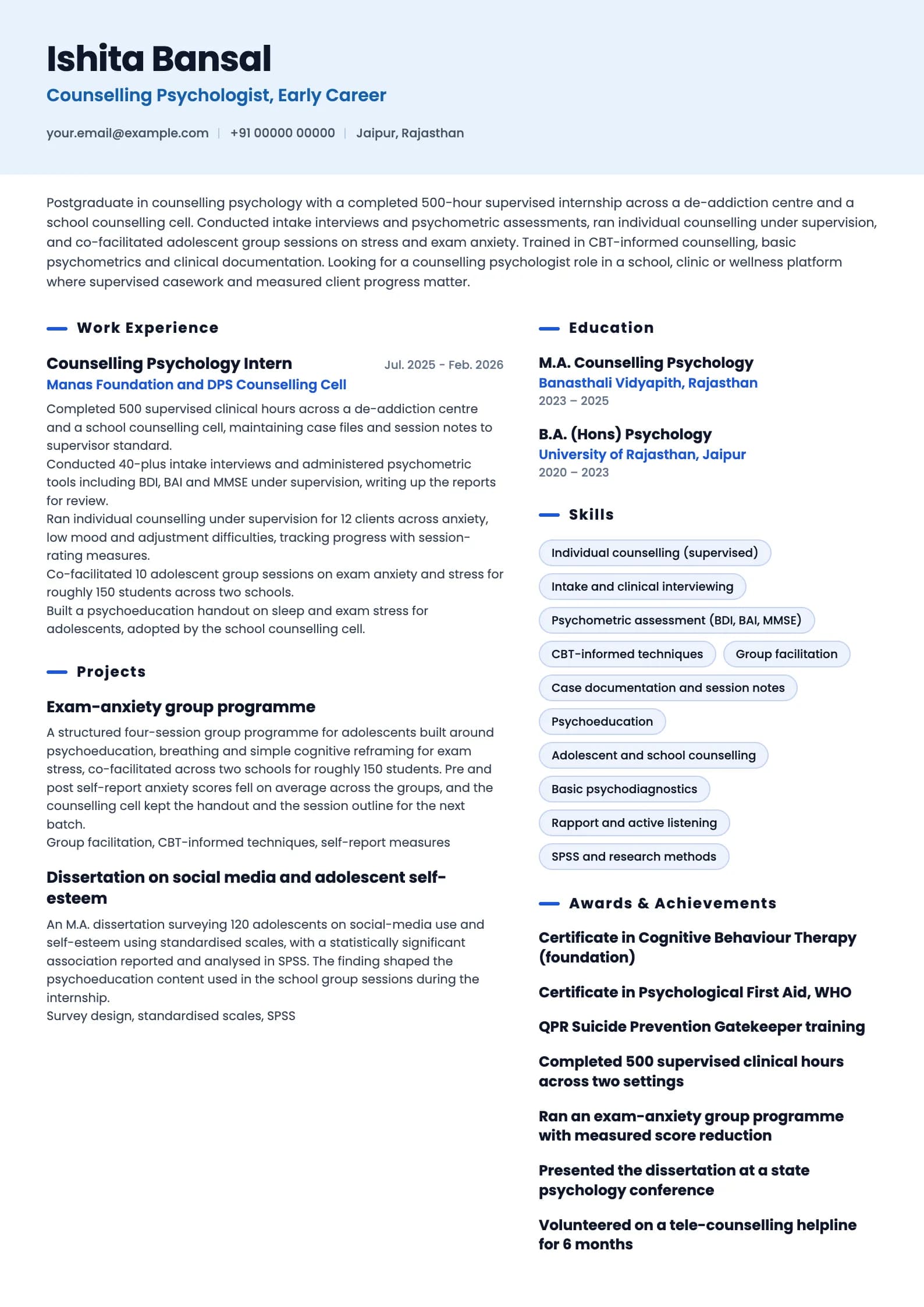 Psychologist resume example for Fresher (0 years), ai-era template, showing professional summary, work experience, projects, skills, education and certifications