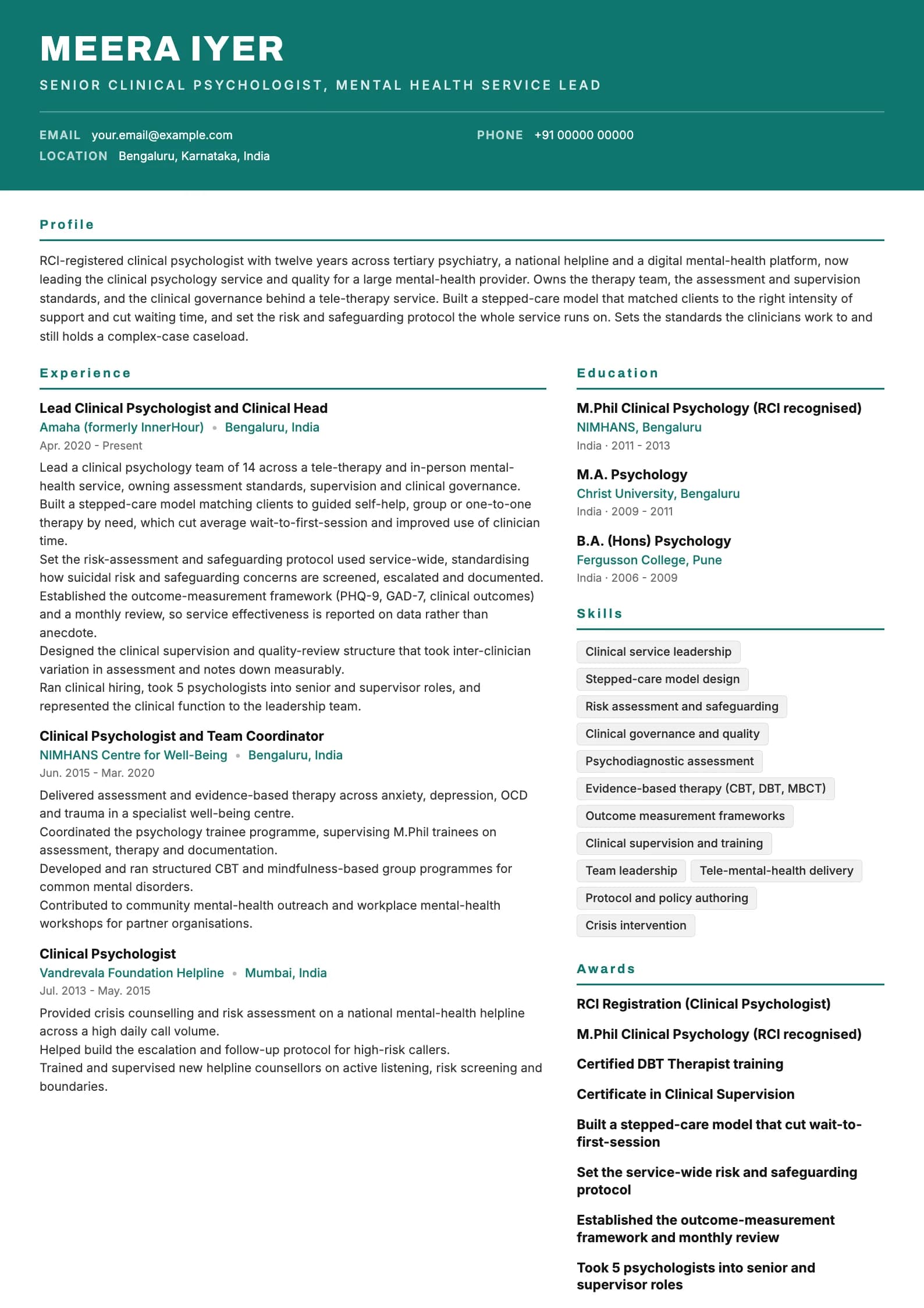 Psychologist resume example for Senior psychologist (12 years), header-band template, showing professional summary, work experience, skills, education and certifications