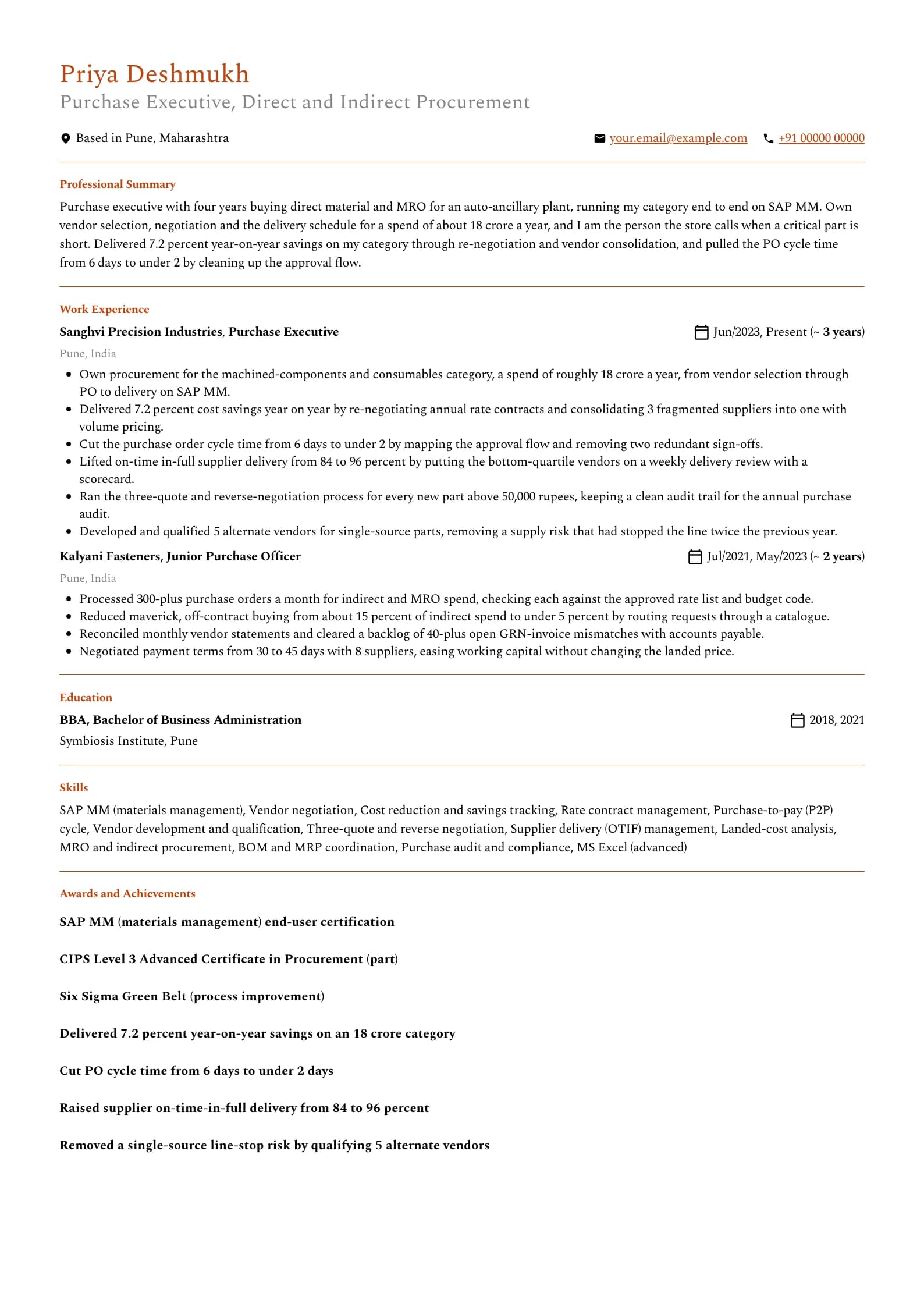 Purchase Executive resume example for Mid-level (4 years), professional template, showing professional summary, work experience, skills, education and certifications