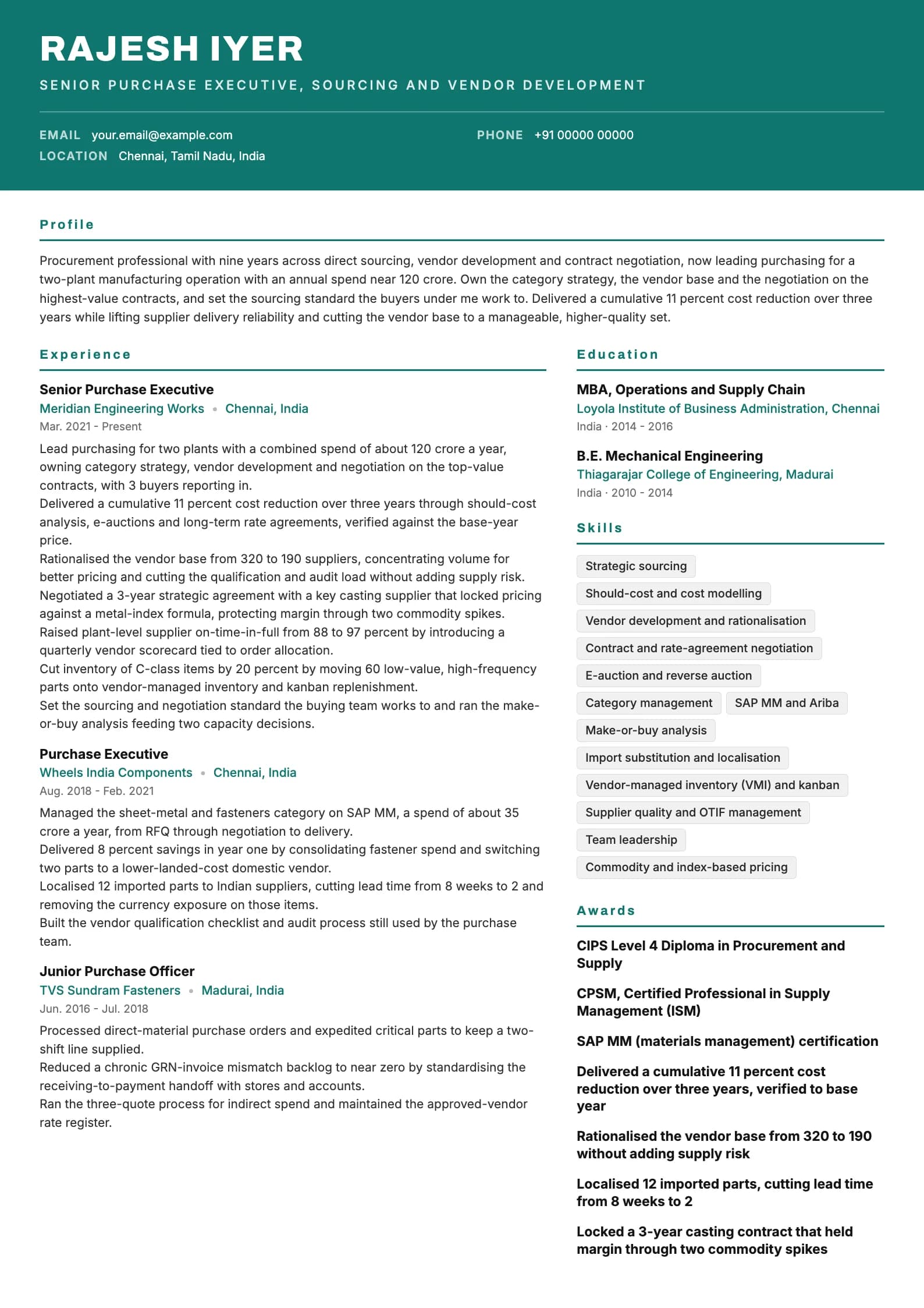 Purchase Executive resume example for Senior (9 years), header-band template, showing professional summary, work experience, skills, education and certifications