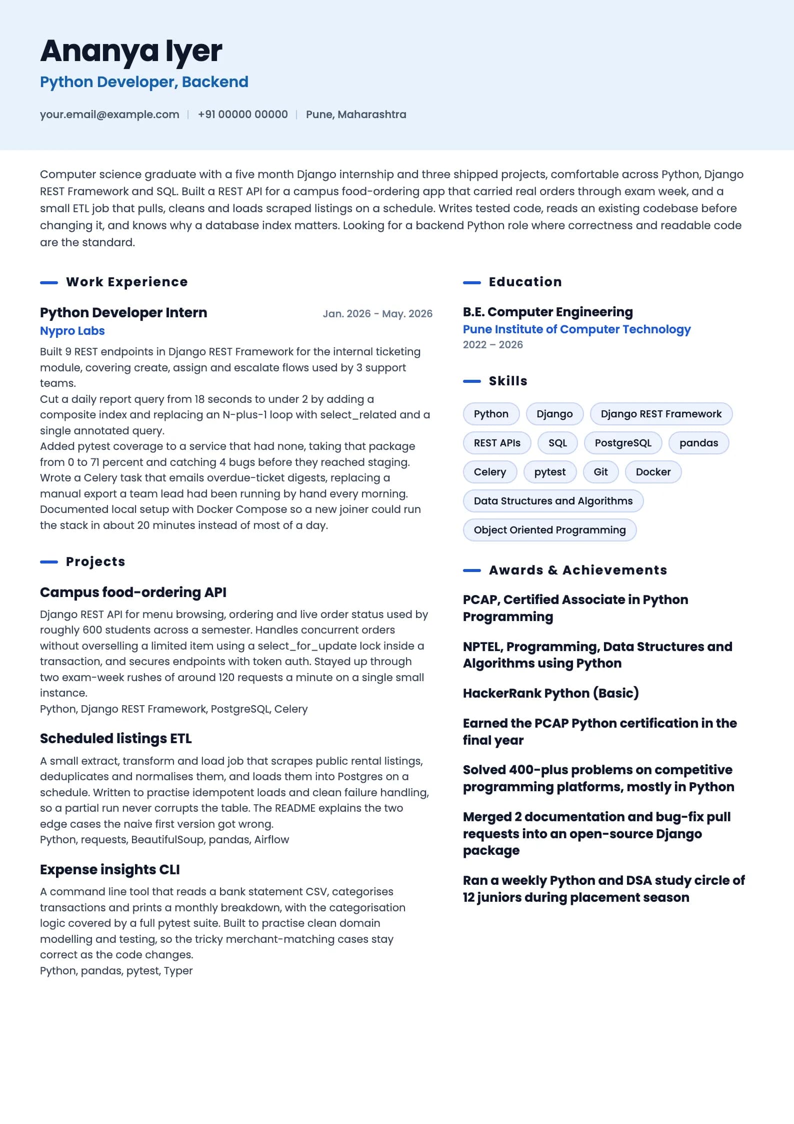 Python Developer resume example for Fresher (0 years), ai-era template, showing professional summary, work experience, projects, skills, education and certifications