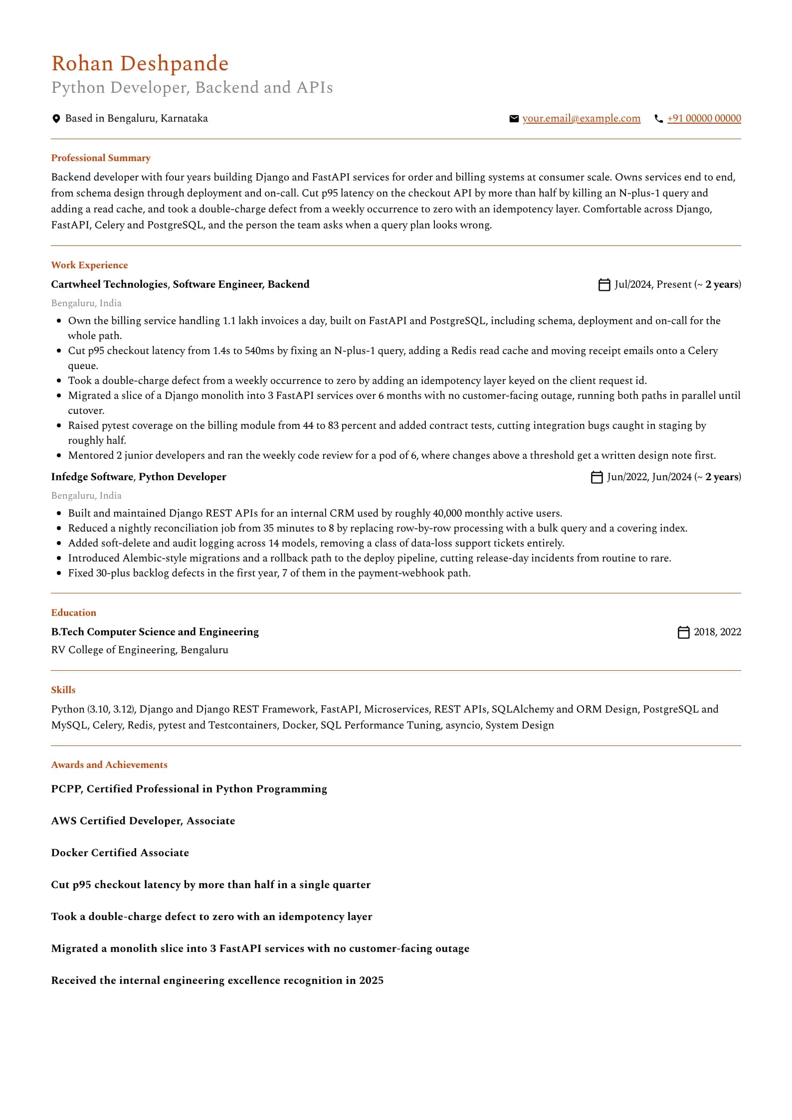 Python Developer resume example for Mid-level (4 years), professional template, showing professional summary, work experience, skills, education and certifications
