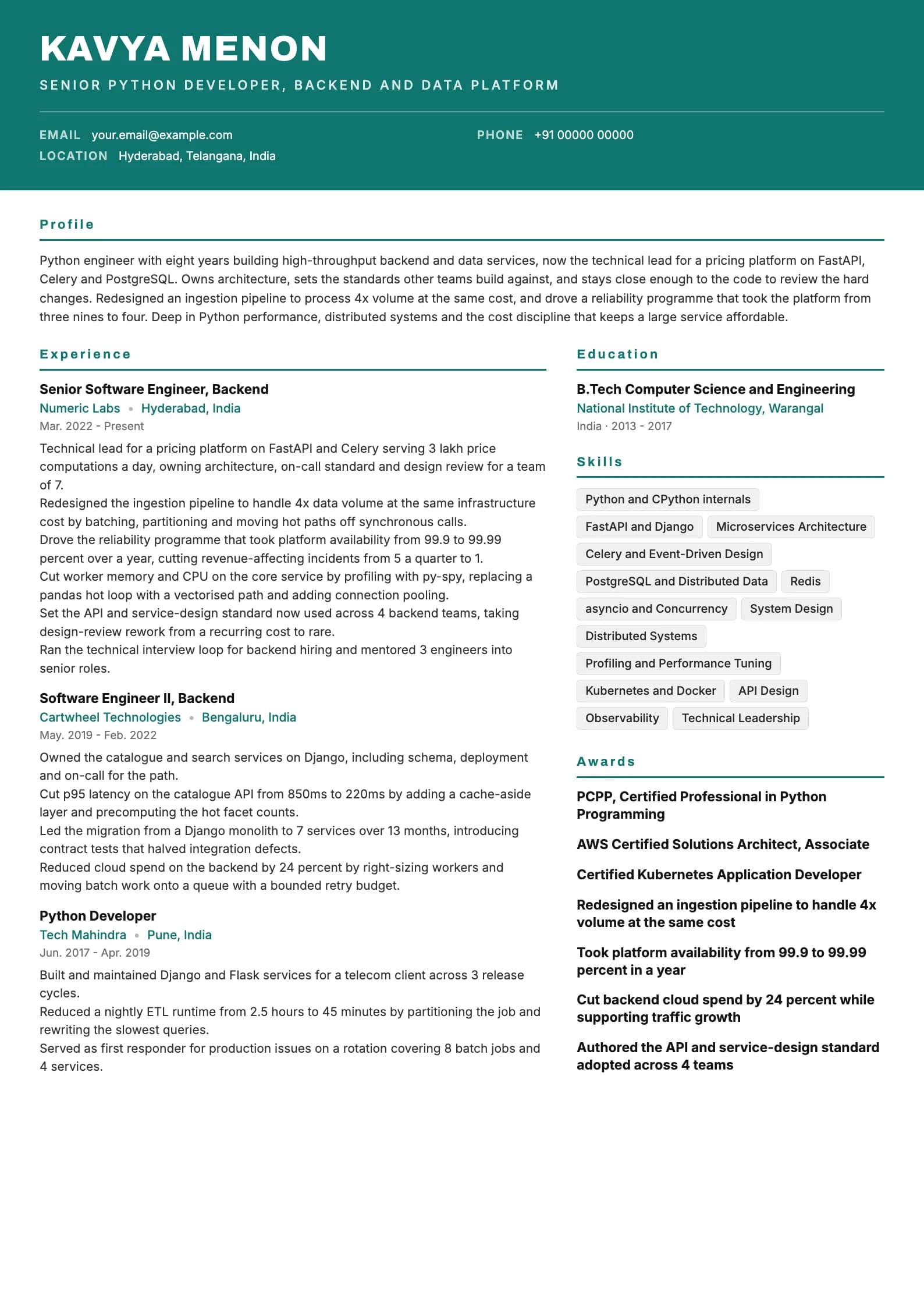 Python Developer resume example for Senior (8 years), header-band template, showing professional summary, work experience, skills, education and certifications