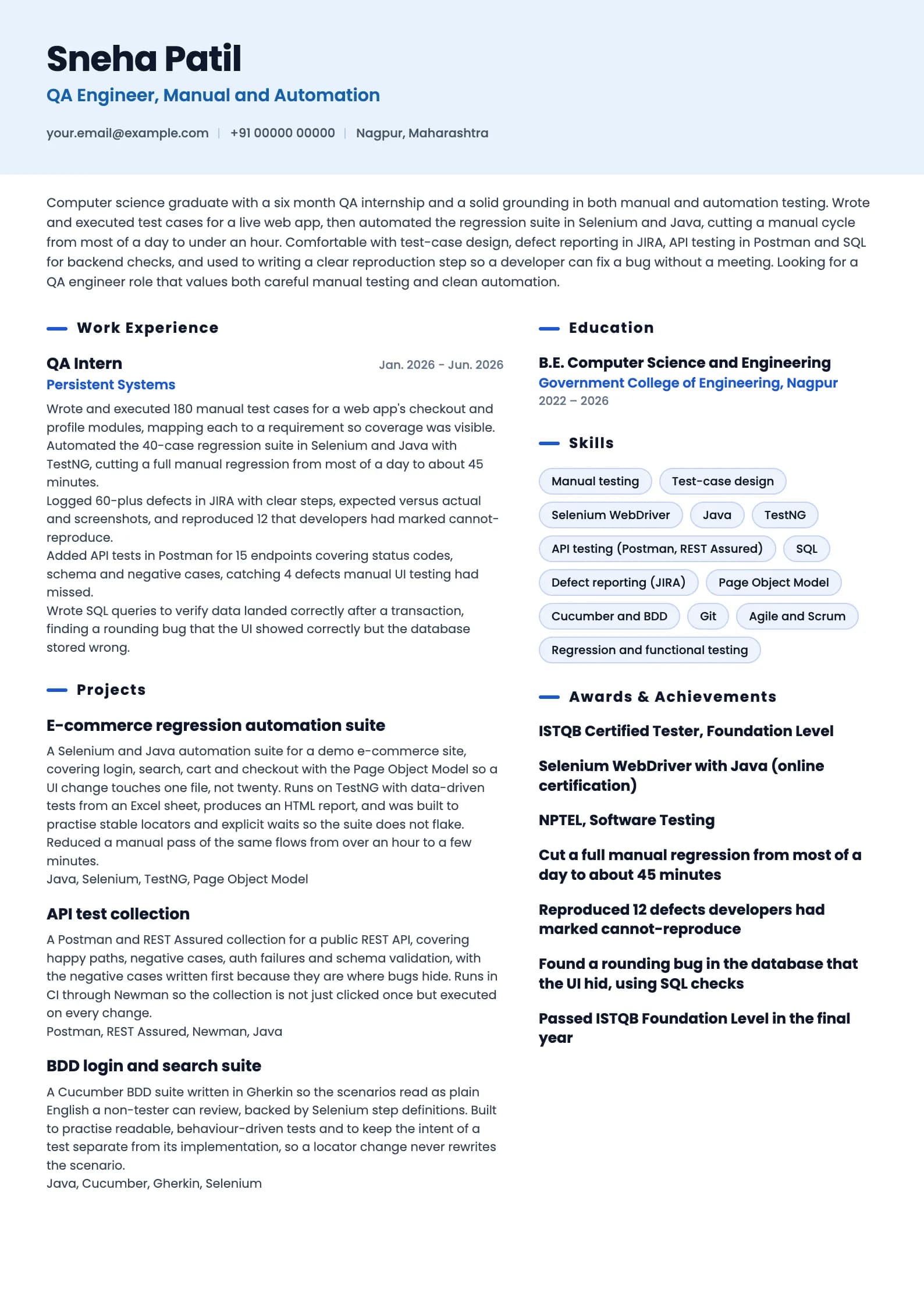 QA Engineer resume example for Fresher (0 years), ai-era template, showing professional summary, work experience, projects, skills, education and certifications