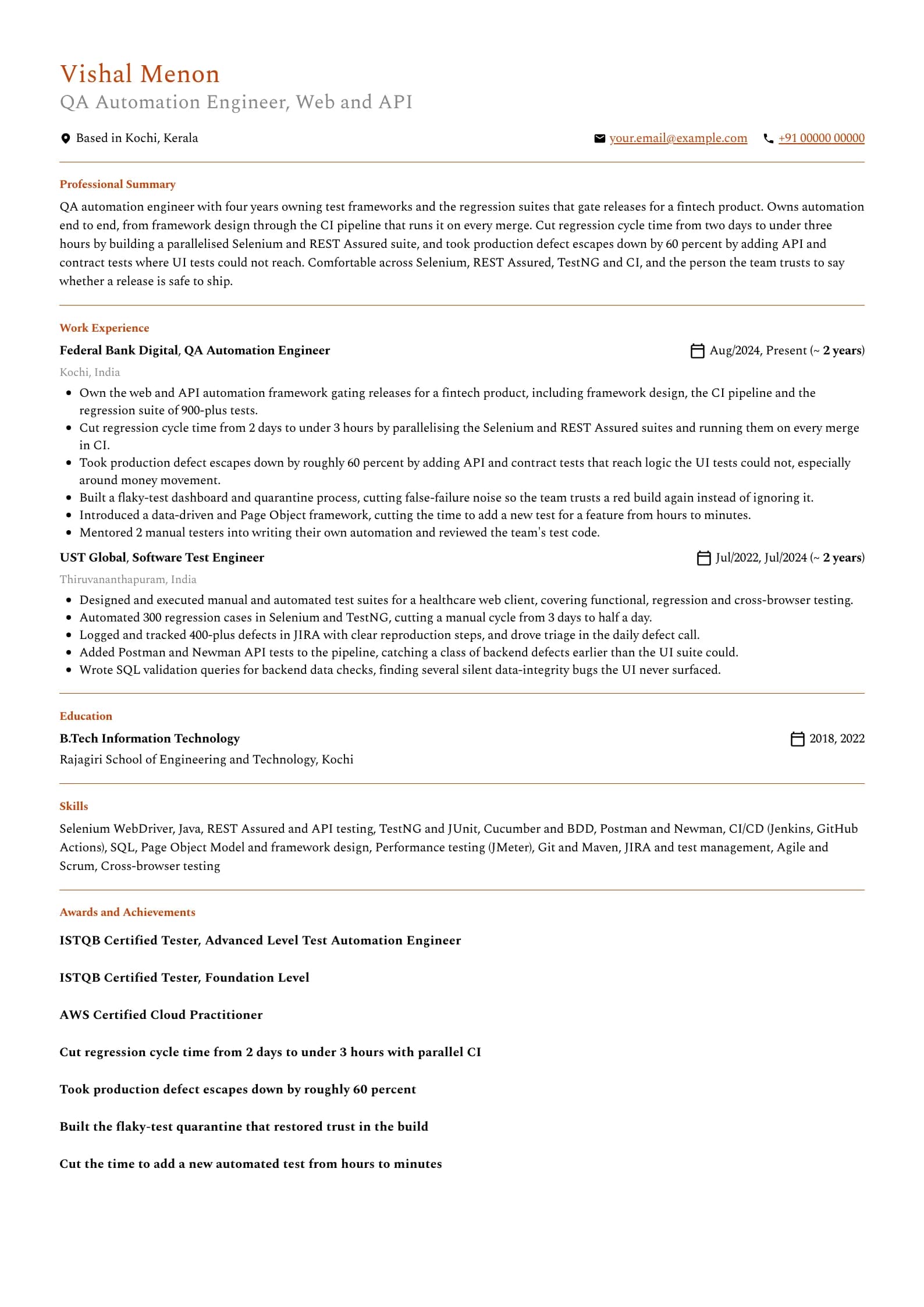 QA Engineer resume example for Mid-level (4 years), professional template, showing professional summary, work experience, skills, education and certifications