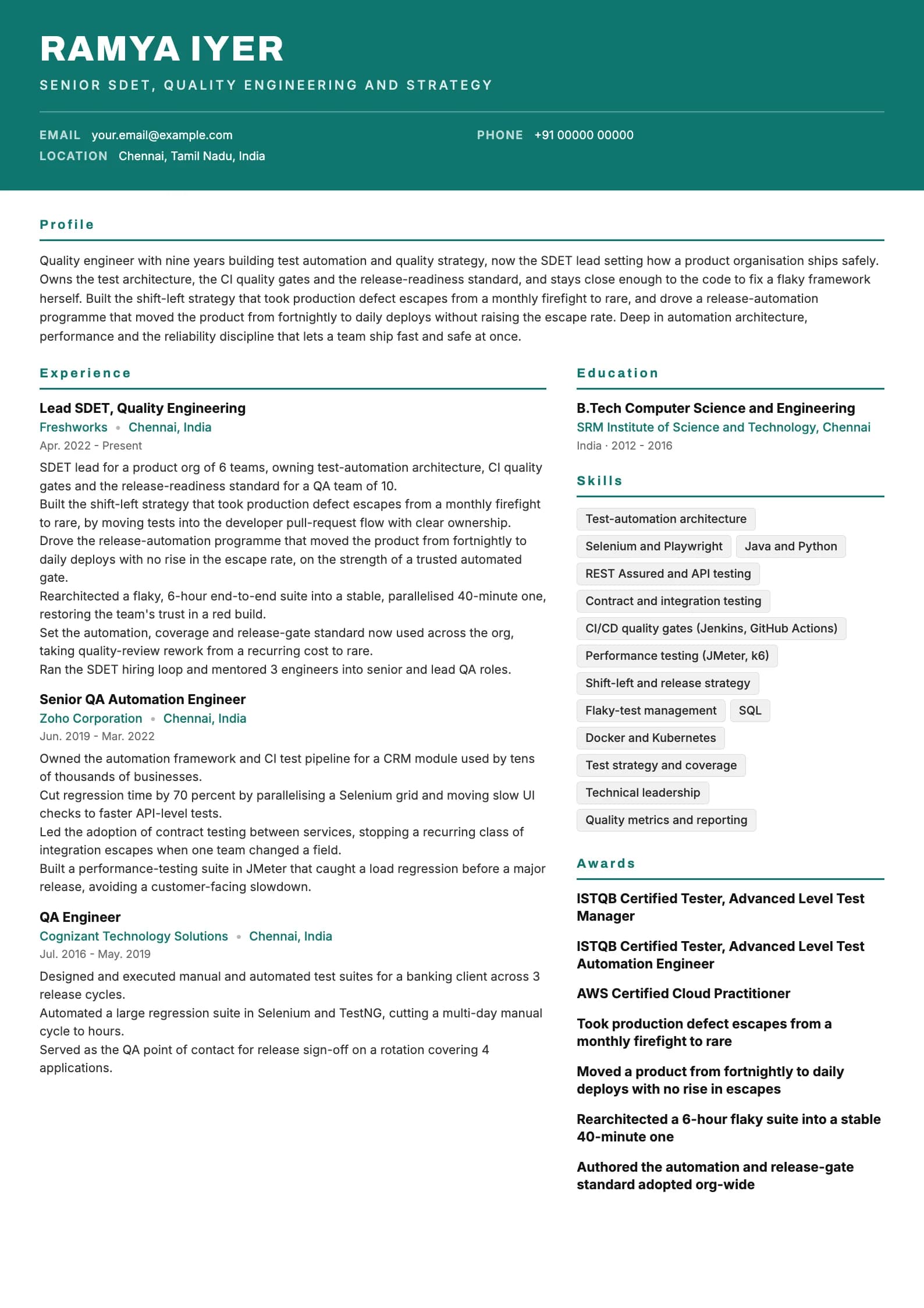 QA Engineer resume example for Senior (9 years), header-band template, showing professional summary, work experience, skills, education and certifications