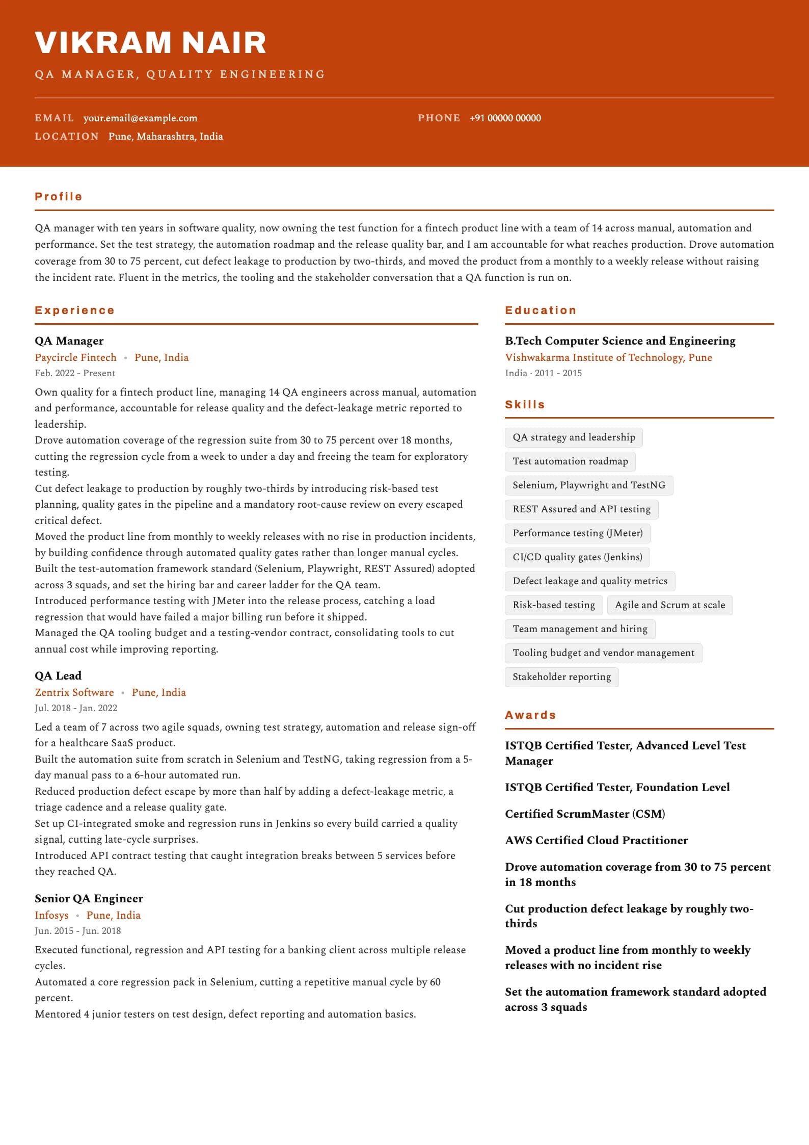 QA Manager resume example for QA Manager (10 years), header-band template, showing professional summary, work experience, skills, education and certifications