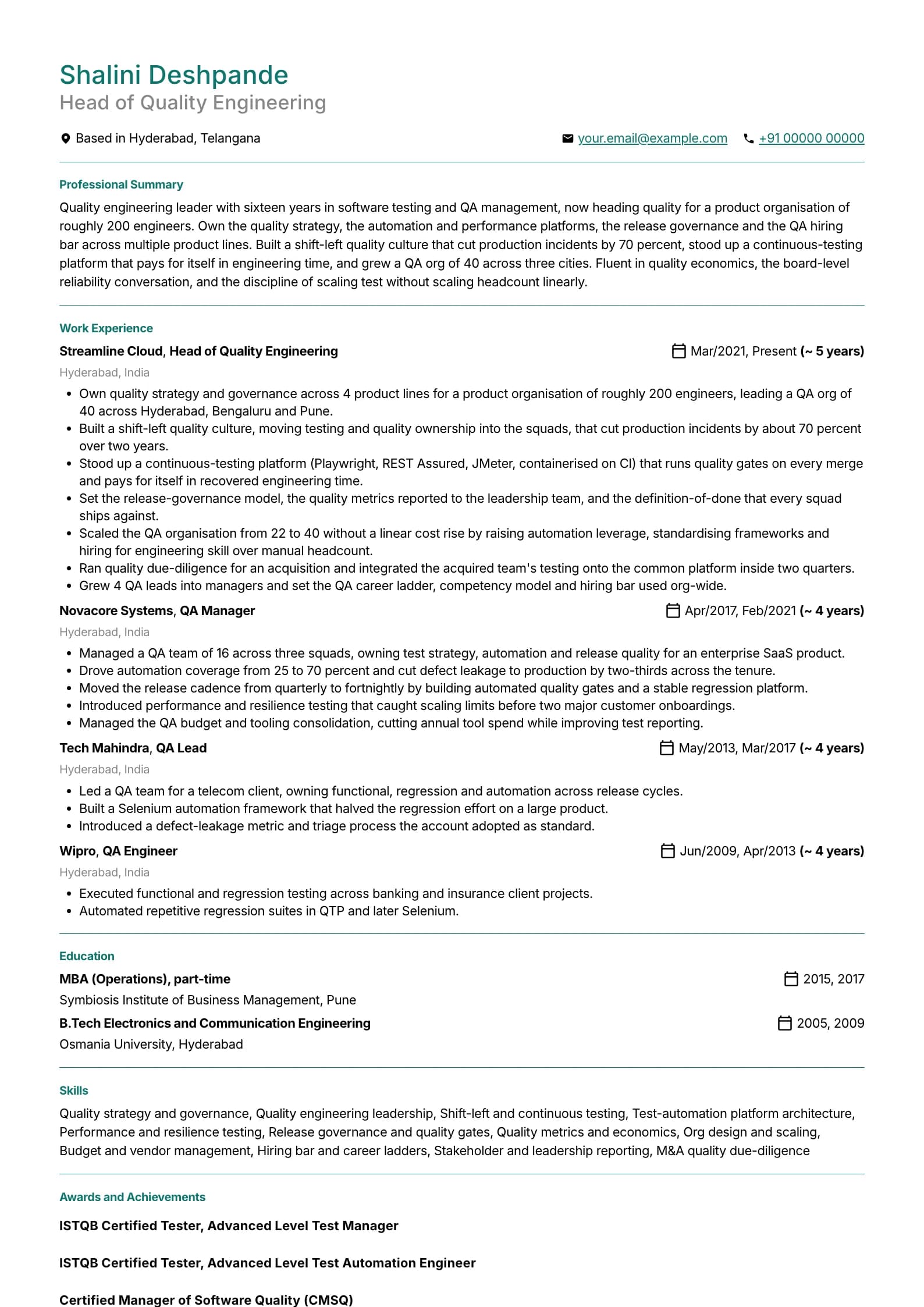 QA Manager resume example for Senior QA / Quality Engineering Leader (16 years), professional template, showing professional summary, work experience, skills, education and certifications