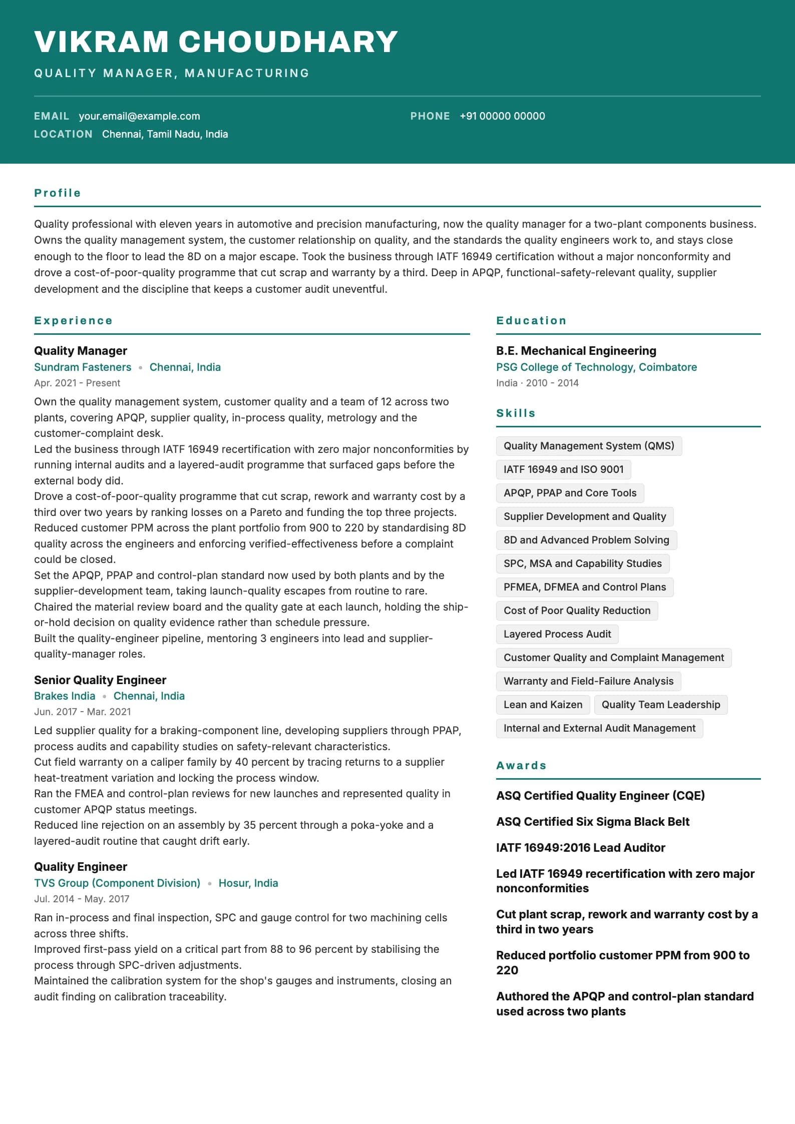Quality Engineer resume example for Quality manager (11 years), header-band template, showing professional summary, work experience, skills, education and certifications