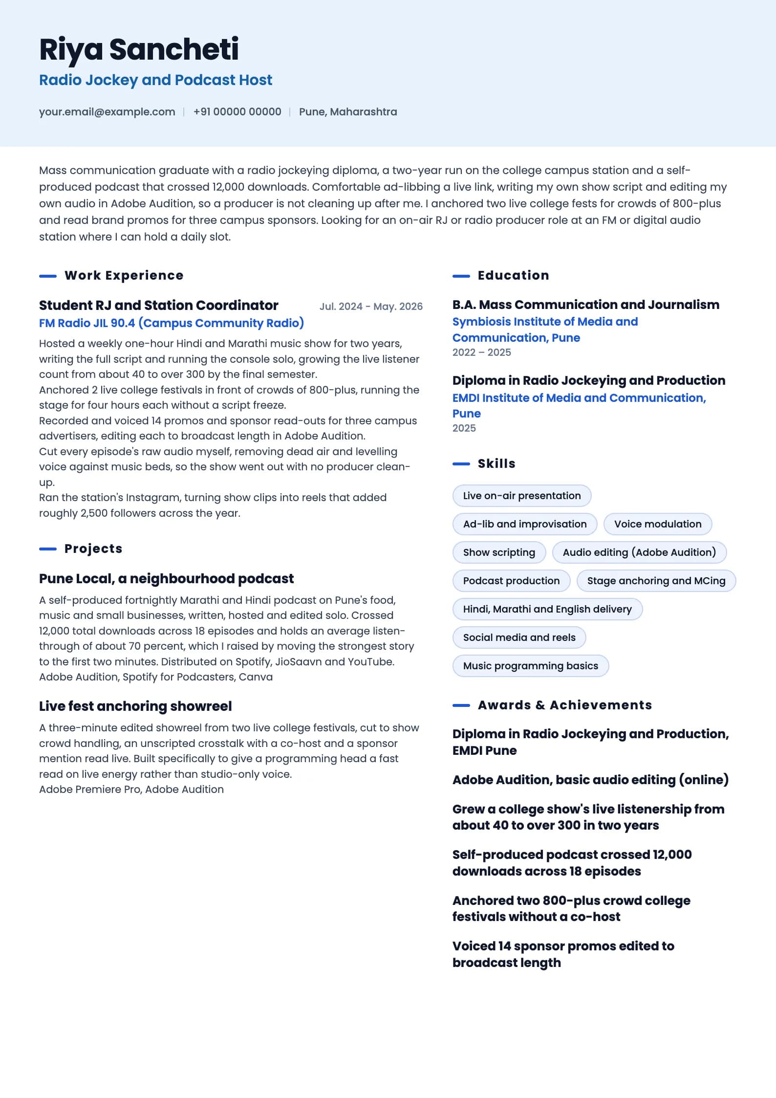 Radio Jockey resume example for Fresher (0 to 1 year), ai-era template, showing professional summary, work experience, projects, skills, education and certifications